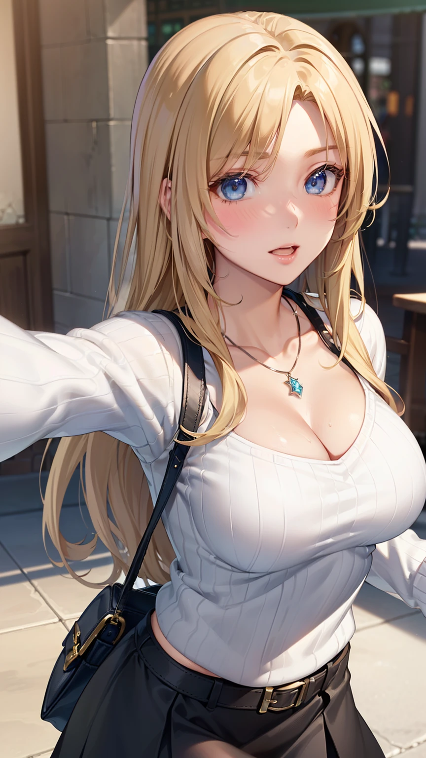 ((masterpiece, highest quality, High resolution, Hmm, RTX, perfect pixel, Depth of the bounds written, 4k, very detailed))), 1 girl, single, alone, beautiful anime girl, beautiful art style, anime character, ((long hair, parted bangs, middle part bangs, blonde hair)), ((blue eyes:1.4, round eyes, beautiful eyelashes, realistic eyes)), ((detailed face, blush:1.2)), ((smooth texture:0.75, realistic texture:0.65, realistic:1.1, Anime CG style, Bright colors)), ((medium breasts, cleavage:0.9, Big breasts)), dynamic angle, perfect body, ((throw, dynamic pose, close)), ((white sweater, long sleeve, black skirt, Women's Belts, Snazzy, single handbag, 1 Diamond Necklace)), open your mouth, embarrassing, amusement park