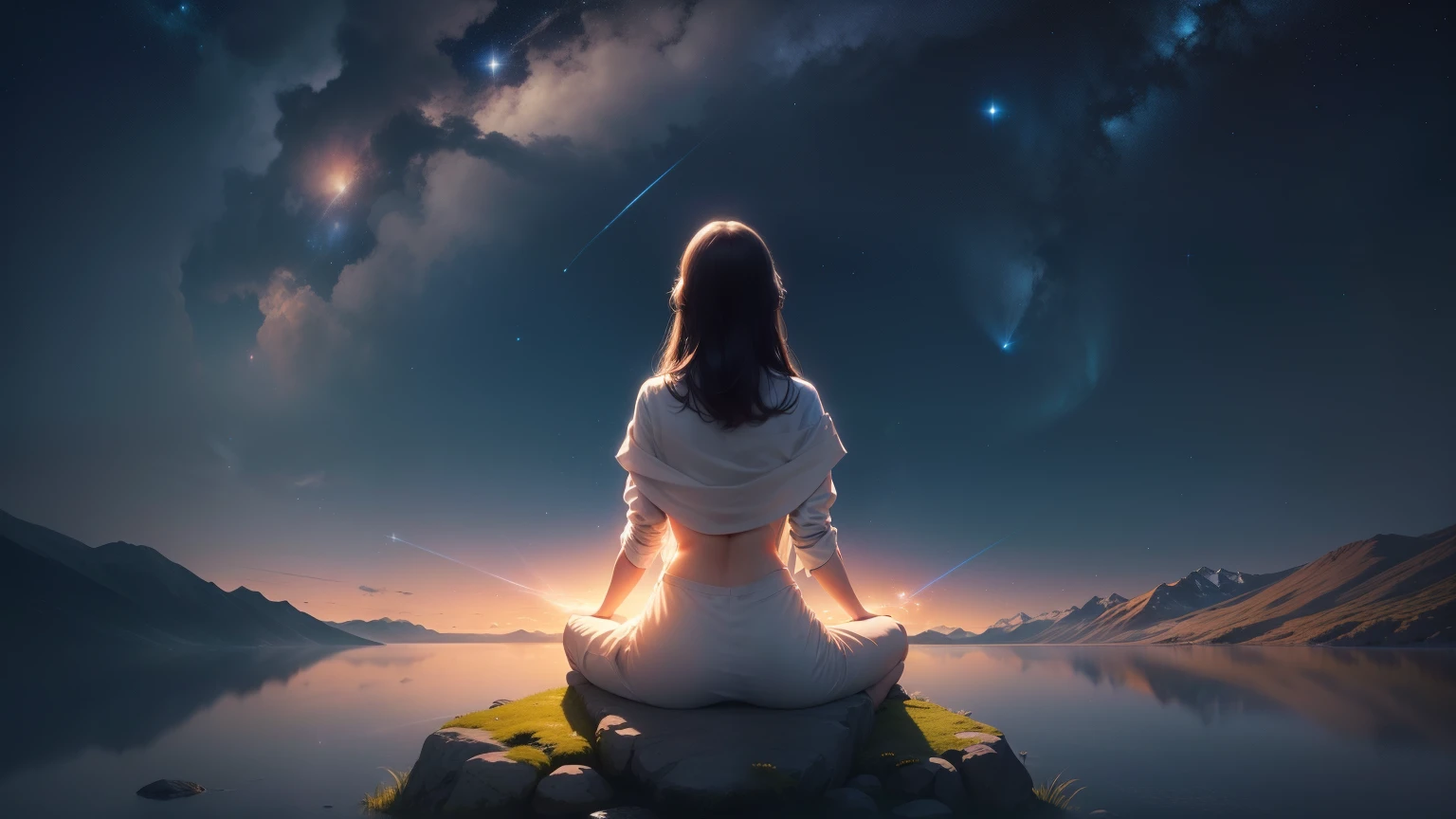 Describe a scene in which a human is meditating or contemplating., Sit in a quiet place surrounded by nature. Against the background of the expanding starry sky, symbolizes connection with the universe. The person in the image is、Are you raising your hand a little?、I keep it on my chest, convey a sense of harmony, peace and cooperation. The general atmosphere is one of tranquility and transcendence, Represents an inner search for spiritual uplift and a deeper connection with the universe.
Be sure to capture the beauty and serenity of the moment, Paying attention to the details of the meditating person's expression and the celestial landscape in the background.. The image must give a calm impression, Tranquility and a magical connection to the universe, Inviting viewers to explore the power of vibrational alignment and personal transformation.
Using soft colors and subtle contrasts、Don't forget to create a visually appealing and impactful composition.