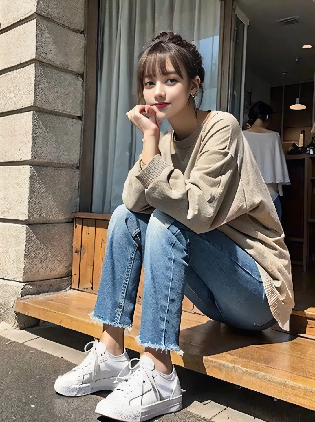 Beautiful woman sitting in a coffee shop、long sleeve blouse、skinny denim、sneakers、ear piercing、Hairstyle braid、、full body photo