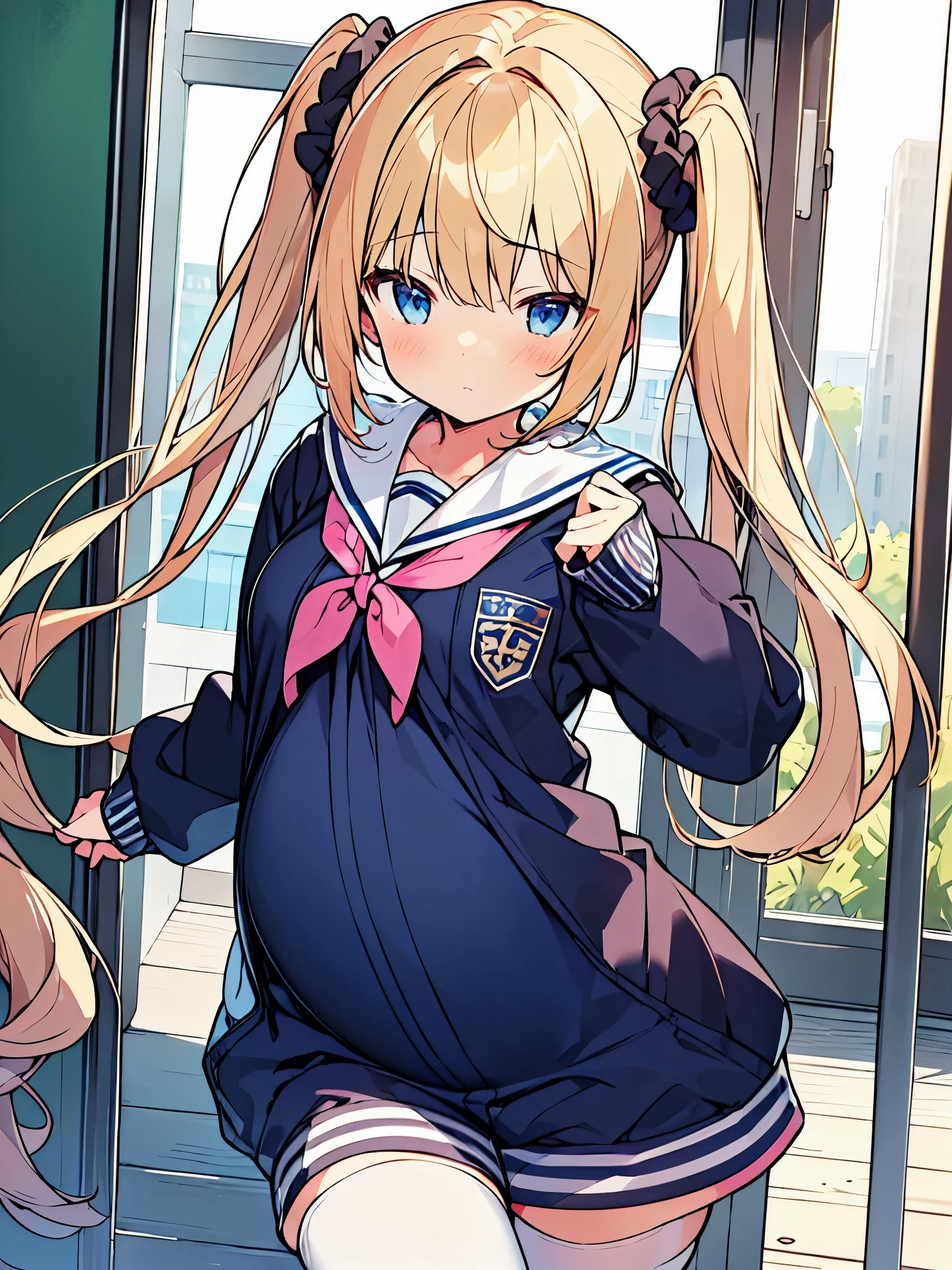 masterpiece, best quality,pregnant  high school girl、(1girl,solo)、
blonde hair,twintails hairstyle、Scrunchie decoration on hair、Confident face、
(((matanity long onepiece,ridge knitting)))
 under ((school sailor jacket,open jacker))、Thighhighs of black 、