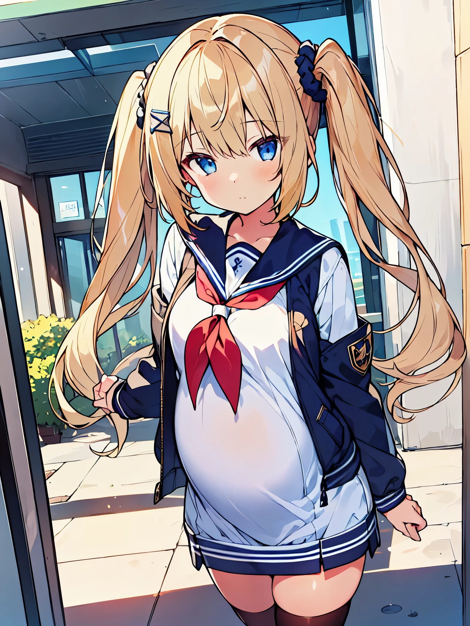 masterpiece, best quality,pregnant high school girl、(1girl,solo)、
blonde hair,twintails hairstyle、Scrunchie decoration on hair、Confident face、
(((matanity long onepiece,ridge knitting)))
under ((school sailor jacket,open jacker))、Thighhighs of black 、