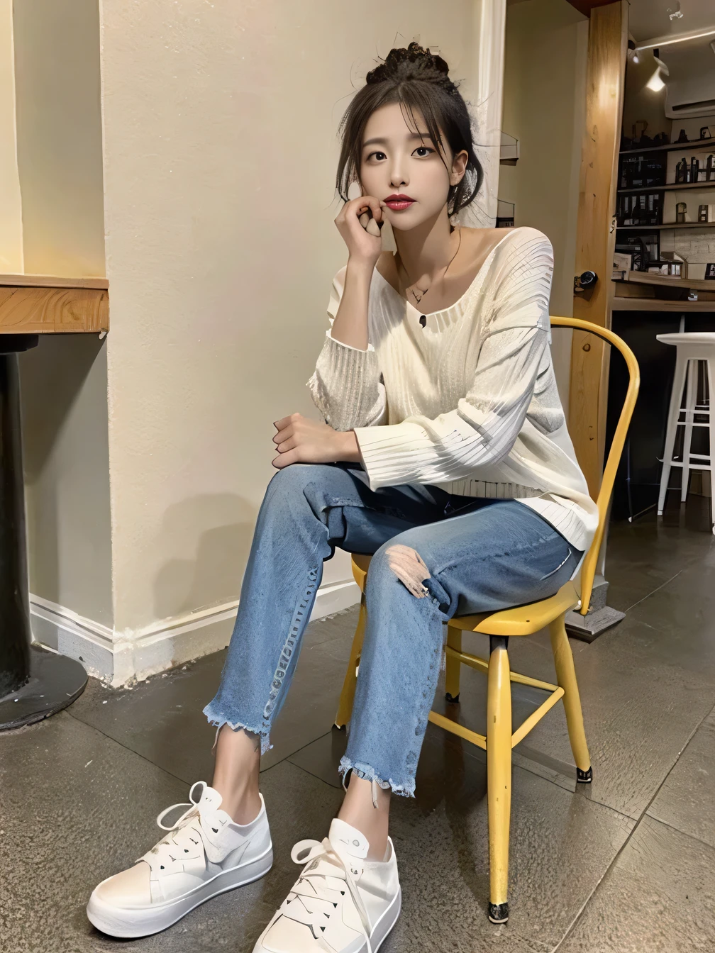 Beautiful woman sitting on a chair in a coffee shop、long sleeve blouse、skinny denim、sneakers、ear piercing、、full body photo