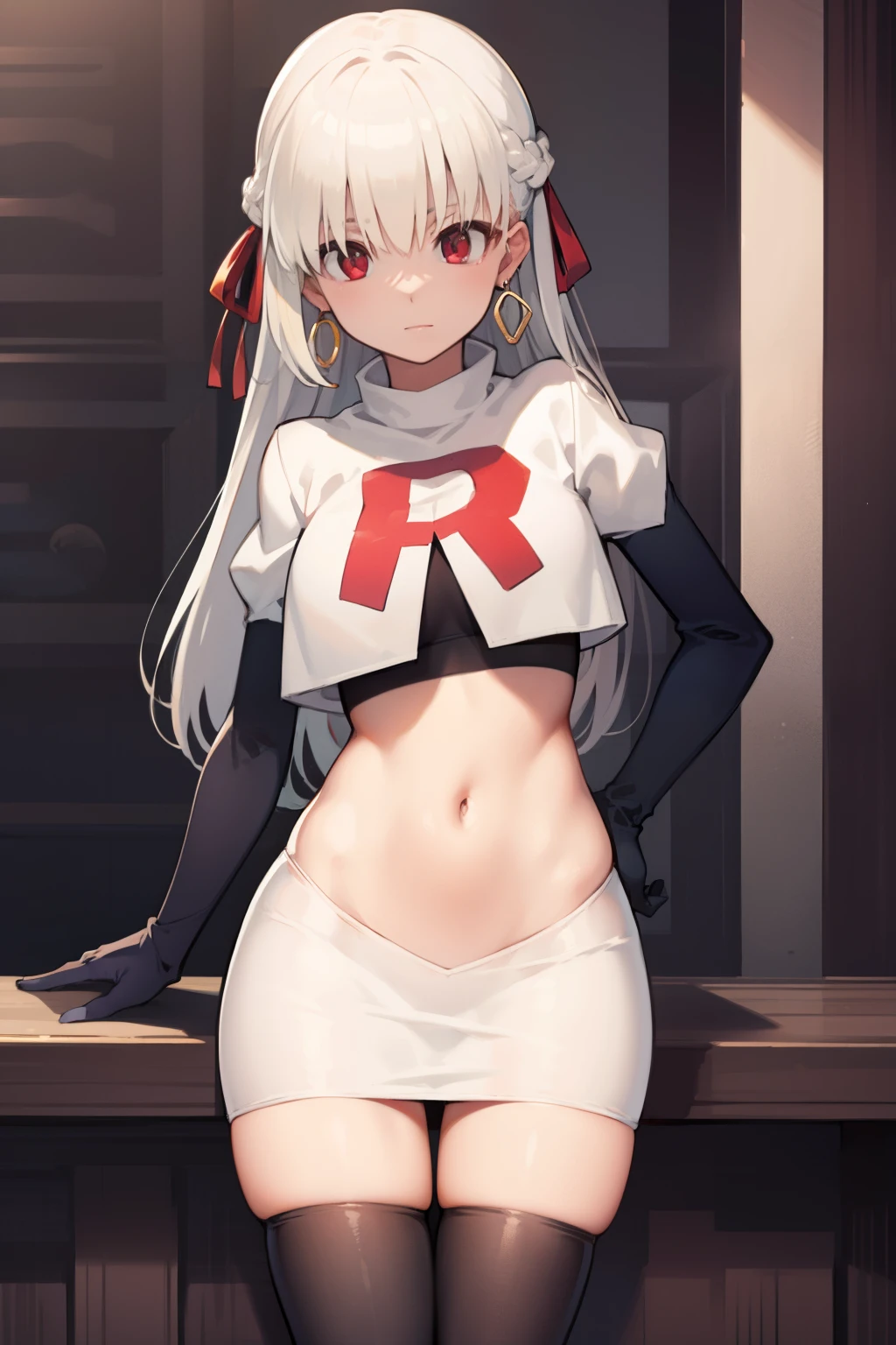 fgokama, kama, hair ribbon, (red eyes:1.5), red ribbon, ribbon, long hair, white hair,
BREAK earrings, jewelry, ring, team rocket,team rocket uniform,white skirt,red letter R,crop top,black thigh-highs,black elbow gloves
BREAK looking at viewer,
BREAK (masterpiece:1.2), best quality, high resolution, unity 8k wallpaper, (illustration:0.8), (beautiful detailed eyes:1.6), extremely detailed face, perfect lighting, extremely detailed CG, (perfect hands, perfect anatomy),