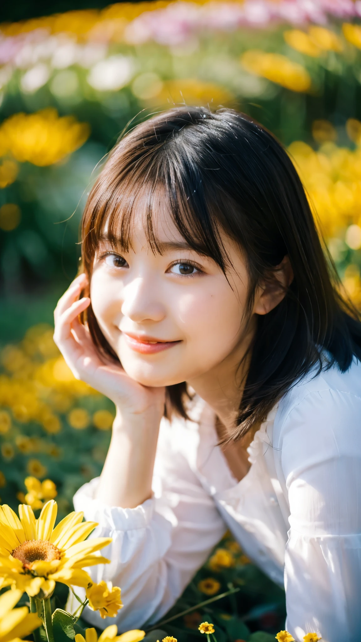 (highest quality,masterpiece:1.3,ultra high resolution),(Super detailed,caustics,8k),(photorealistic:1.4,RAW shooting),(girl lying in a flower field),18-year-old,cute,Japanese,black short hair,look up at the camera with a smile,white blouse,big ,bust up shot,(high position),(high angle),face focus,face close up,Natural light,professional writing