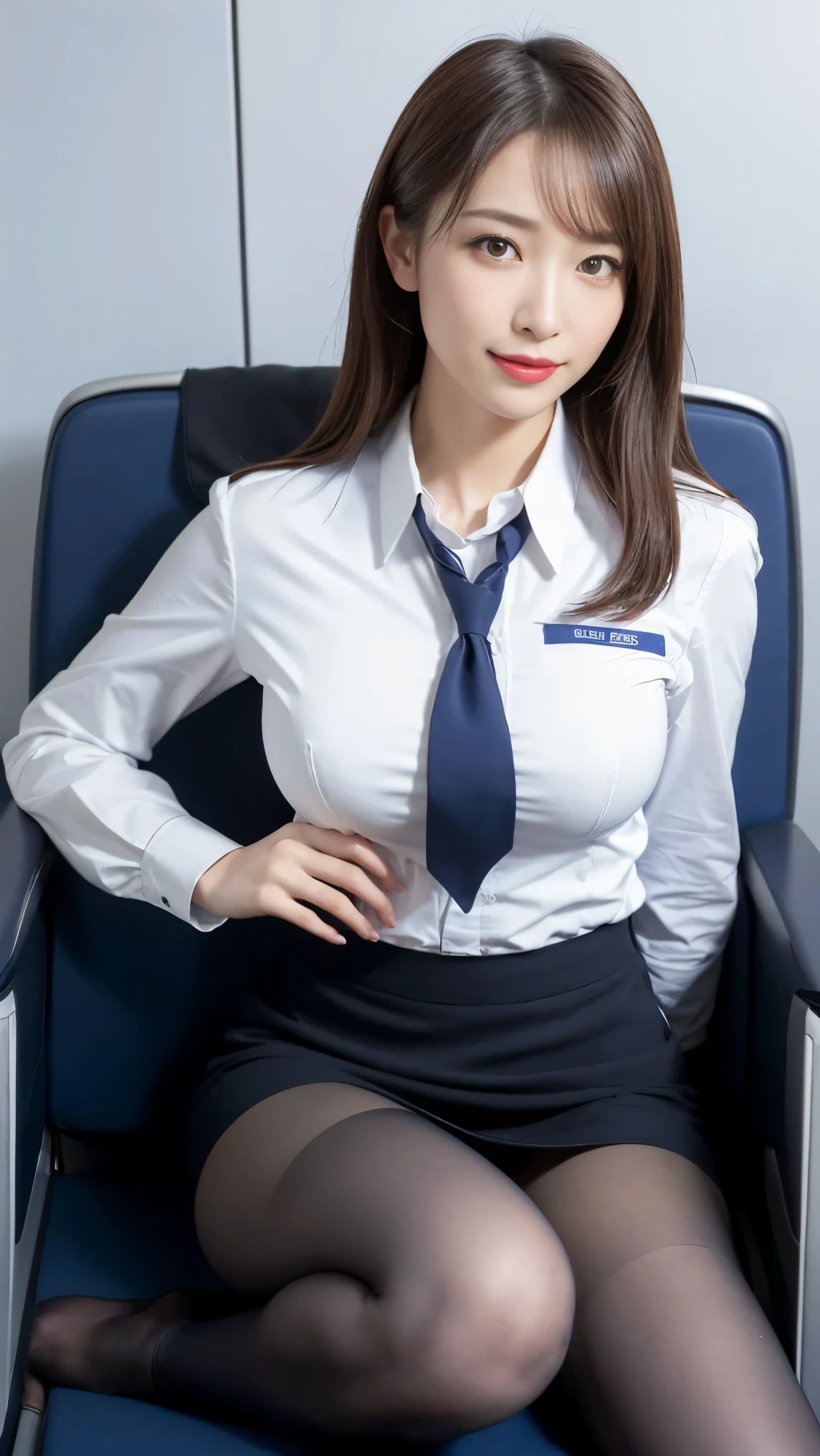 highest quality, masterpiece, 8K, ultra high resolution, (realistic: 1.4), 1 girl, beautiful face, eye of symmetry, big, perfect body proportions, stewardess uniform, the gaze of the beholder, (Inside the airplane: 1.2), 座席にsit, Tight Skirt, (Absolute area:1.3)、thighs、((sit))、big breasts、smile、puckered lips