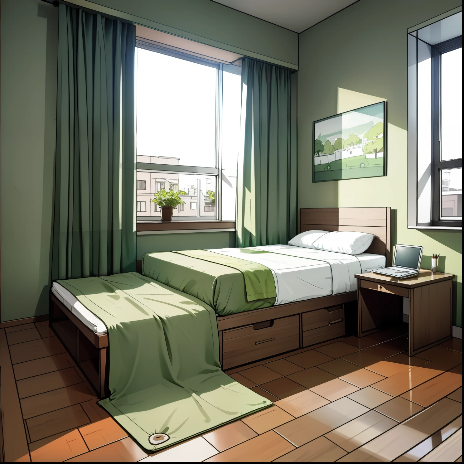 Bedroom scene，Right perspective，Beds，green mattress，Brownish covers ，An open window，There are curtains，Computer desk，laptop，Wooden photo frame