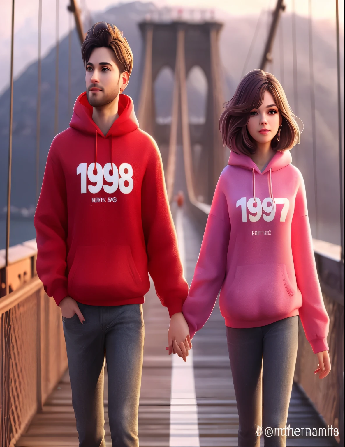araffe couple walking on a bridge holding hands, trending on cgstation, realistic 3 d style, realistic art style, realistic anime 3 d style, realistic clothing, anato finnstark and alena aenami, in a hoodie, cute artwork, hyper realistic style, realistically rendered clothing, clothes in the style of 1 9 9 0, lovely couple, couple pose. The number on the man’s shirt is 1981, and on the woman’s shirt is 1991.