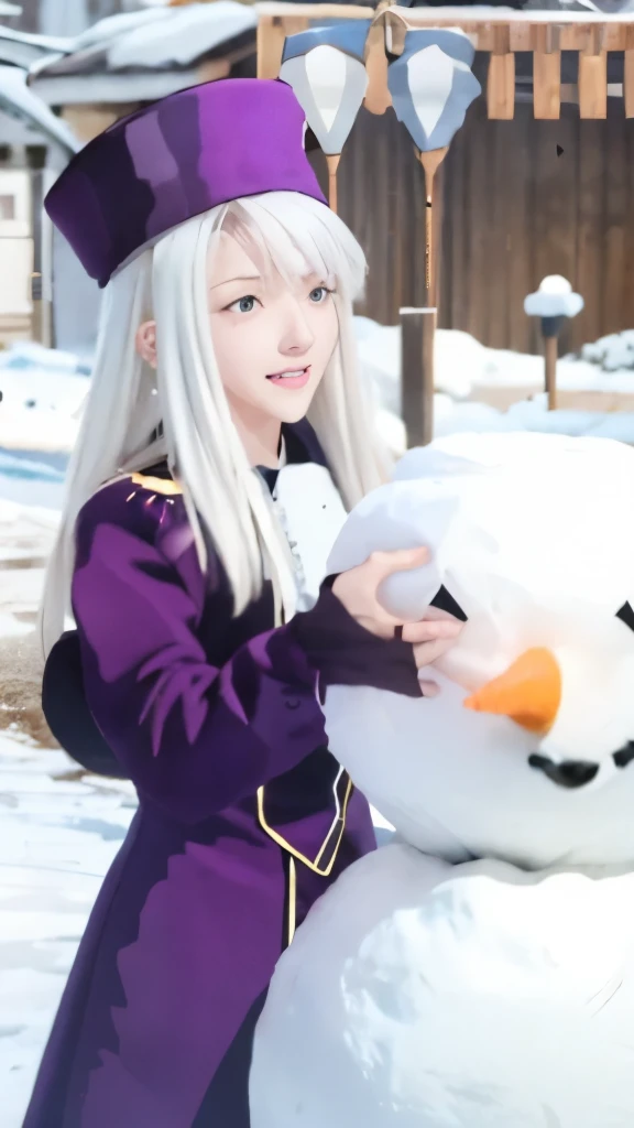 anime characters are standing in front of a snowman with a carrot, anime style like fate/stay night, fate grand order, fate / stay night, ufotable art style, screenshot from a 2012s anime, screenshot from the anime film, still from anime, still from tv anime, white haired deity, ufotable, fate stay night ,白色长头发,白色长头发,白色长头发,