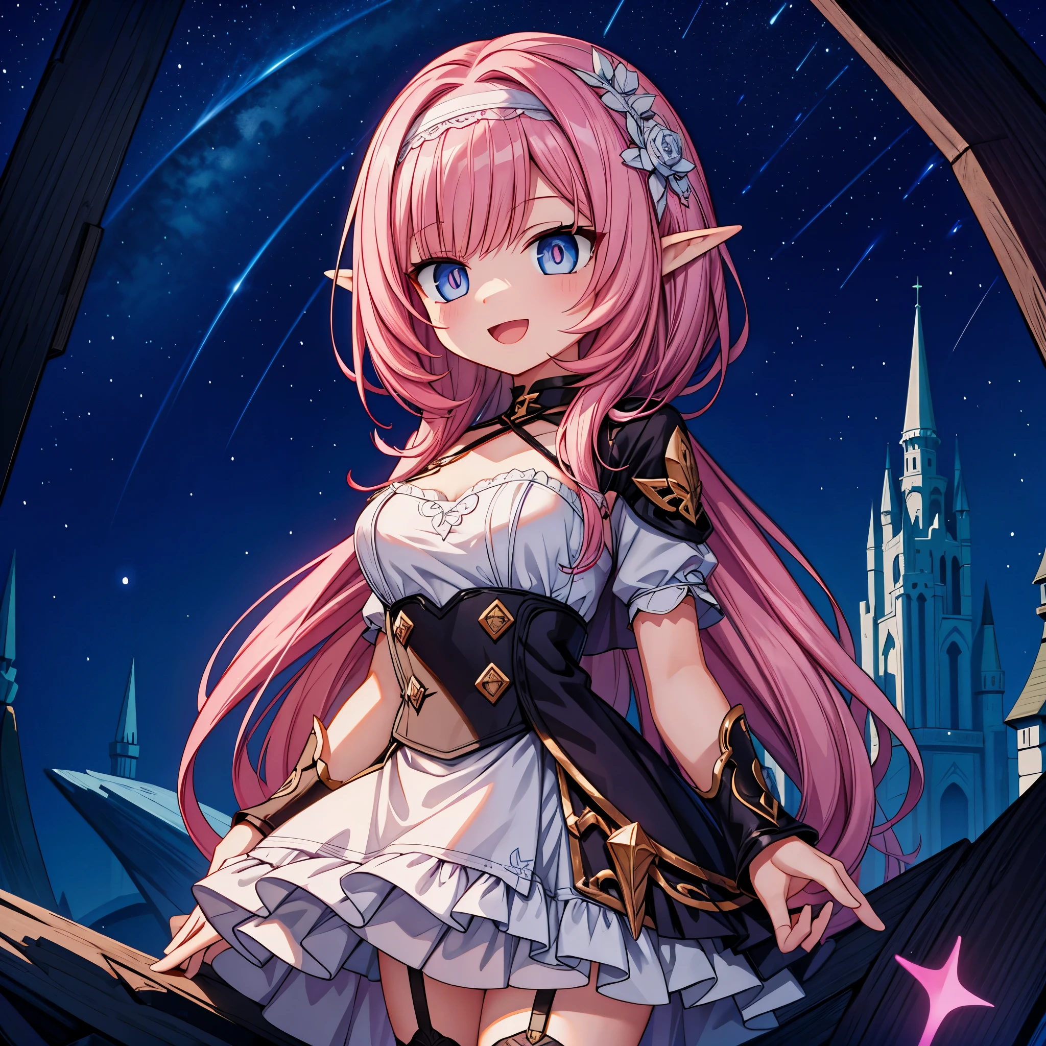 a girl，best picture quality，long pink hair，short jacket，lace headband，short skirt，With a smile，Blue-pink pupils，Elf-like ears，collapse（series），High up in the mountains，under the stars，best quality，waves，for the audience，vivid pupils，Bangs，Chest：d，white garter belt