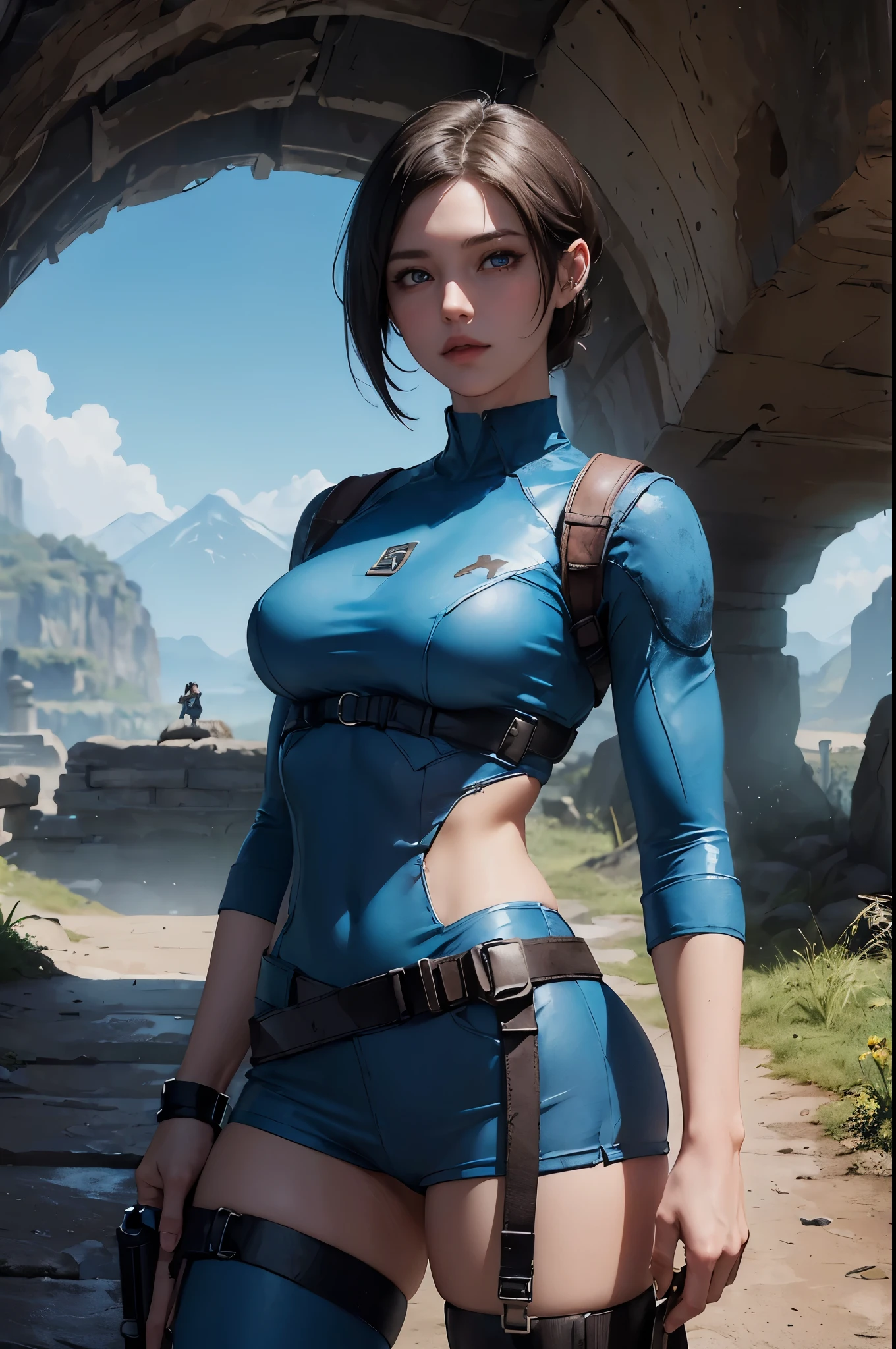 (((landscape of the ancient underground kingdom))), a beautiful young explorer stood in the distance, ((wearing a jill valentine outfit))