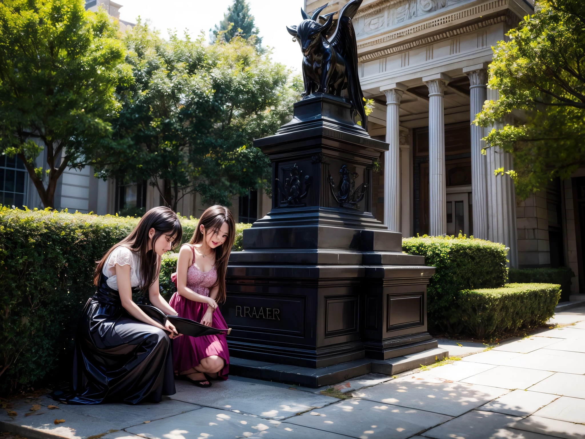 Girls gathered around the devil statue、garden、sacrifice