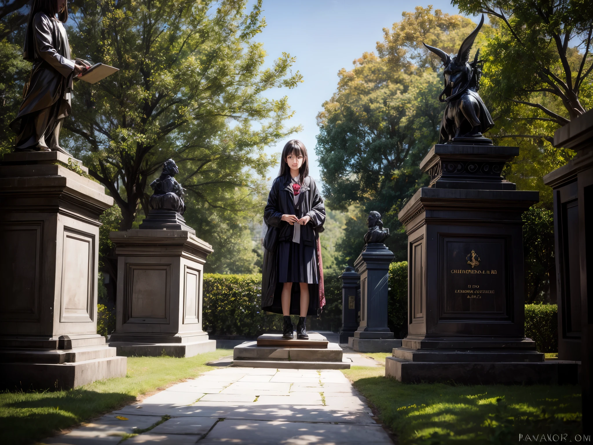 Girls gathered around the devil statue、garden、sacrifice