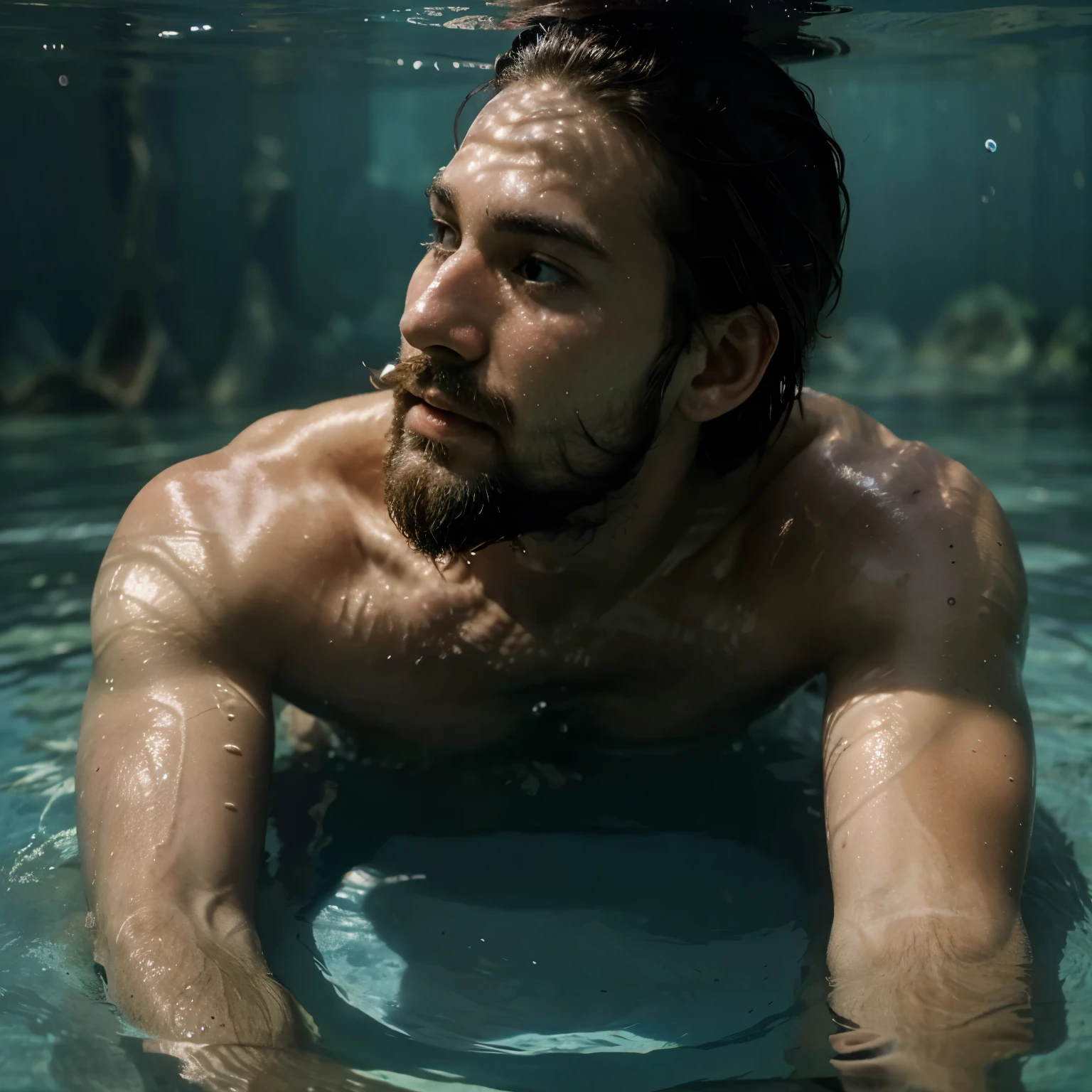 A man beard underwater, barefoot, barefaced, inhaling water, drowning
