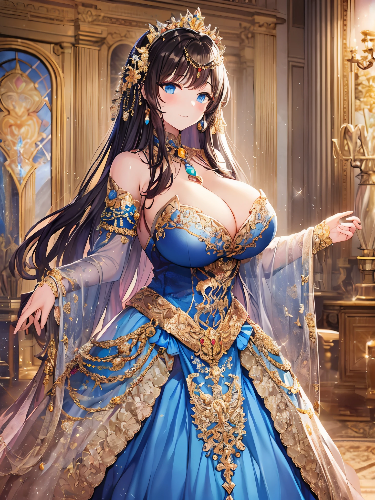 anime artstyle,Masterpiece,Best Quality,Super Detail,((Very Delicate and Beautiful)),(((full body))),((indoor,standing in luxurious palace)),(((1 princess in beautiful embroidery and jeweled gorgeous rococo ballgown with voluminous hoop skirt))),((Solo)),((((very gigantic tits)))),((cleavage,gigantic tits,cleavage,sagging tits)),skindentation,((detailed face and eyes)),jewel-like eyes,((extremely voluminous straight Hair,Extremely Long Straight Hair)),((gorgeousfull embroidery and lace,beautiful embroidery and jeweled)),Gorgeous Gemstone Jewelry,gorgeous corsage,((gorgeous hair ornament,glitter jeweled gorgeous big tiara)),((full body)),((beautiful embroidery and jeweled gorgeous rococo ballgown with voluminous hoop skirt)),(crinoline),Looking at viewer,dynamic angle,(((beautiful embroidery and jeweled gorgeous rococo ballgown with voluminous hoop skirt))),(full body)