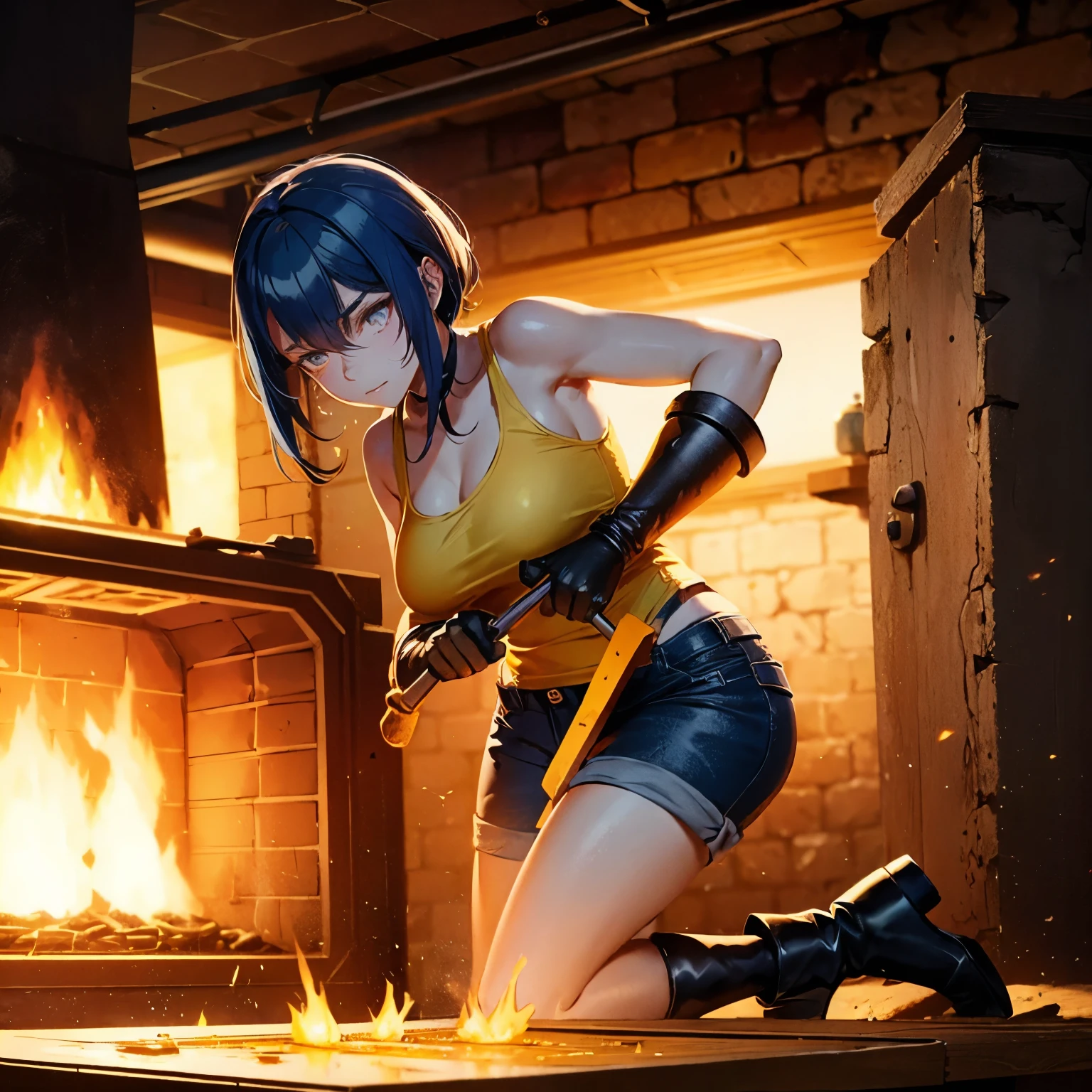 blacksmith woman with 4 arms, with hammer in hand, hitting an anvil, extremely hot oven in the background, hot lighting, blue hair, punished face, gloves, long boots, short shorts, yellow tank top.