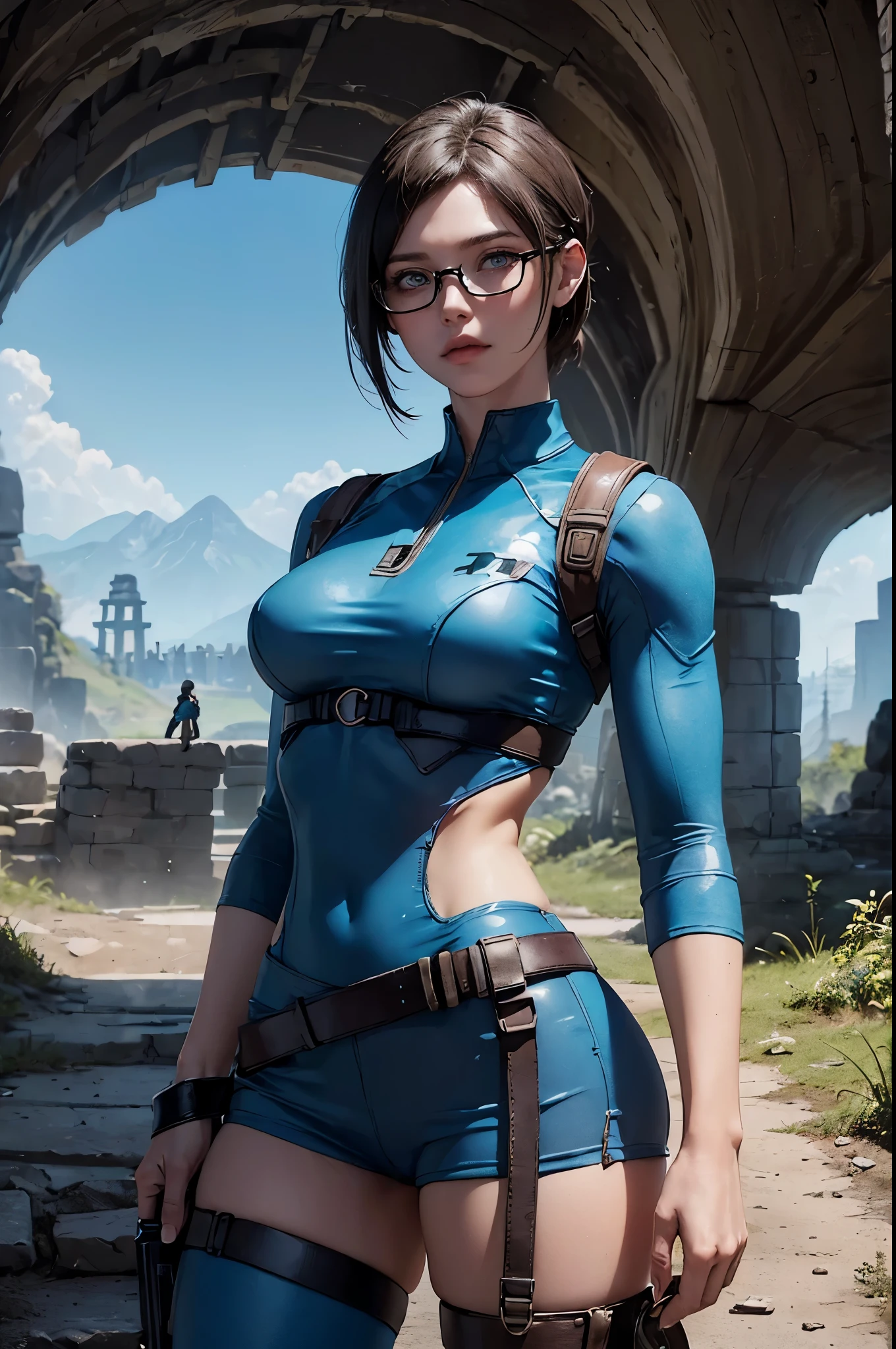 (((landscape of the ancient underground kingdom))), a beautiful young explorer stood in the distance, ((wearing a jill valentine outfit)), ((wear glasses))