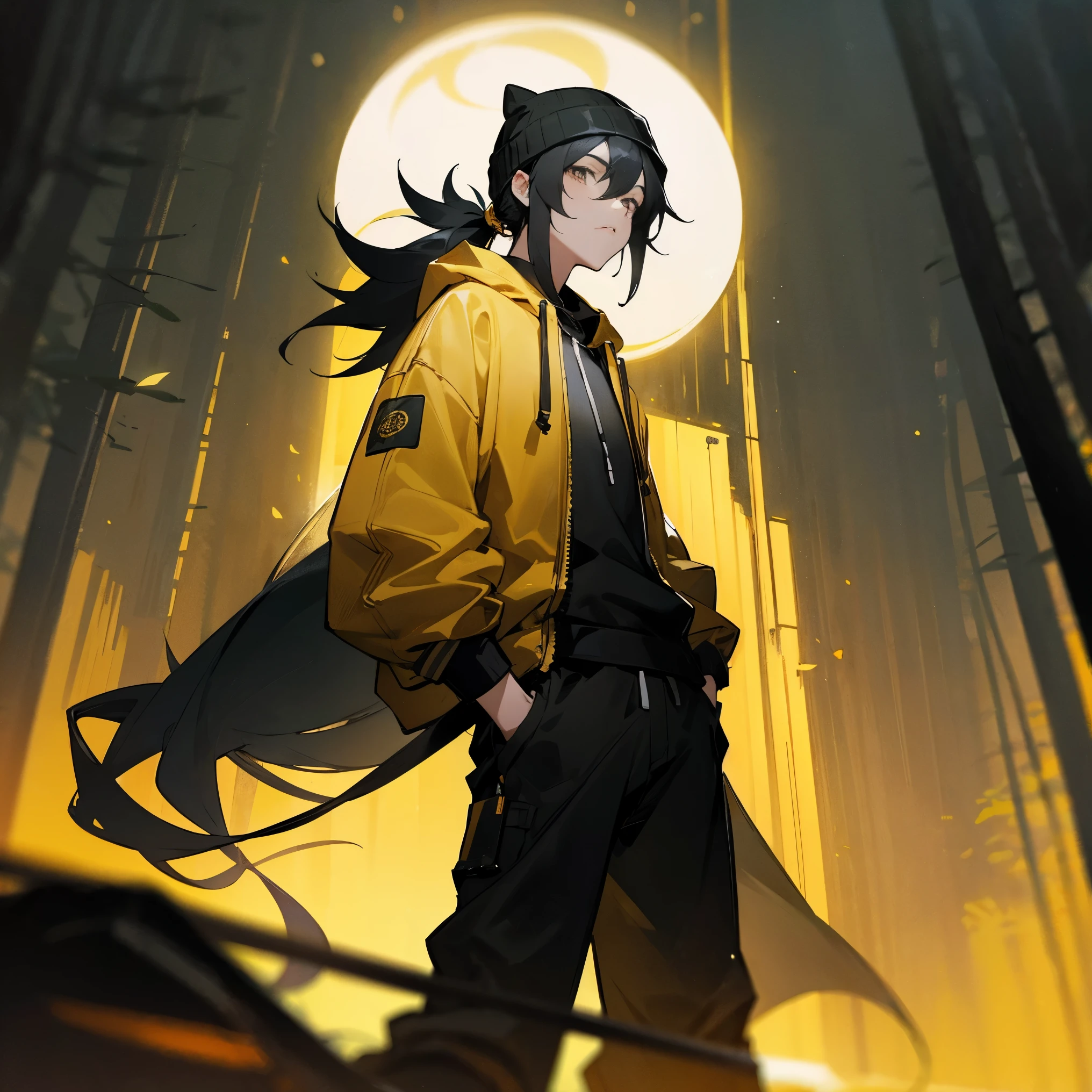 1male, black hair, pony tail, layered hair, long hair, beanie, yellow hoodie, black baggy pants, circular sunglasses, forest, perfect lighting, night, standing on path