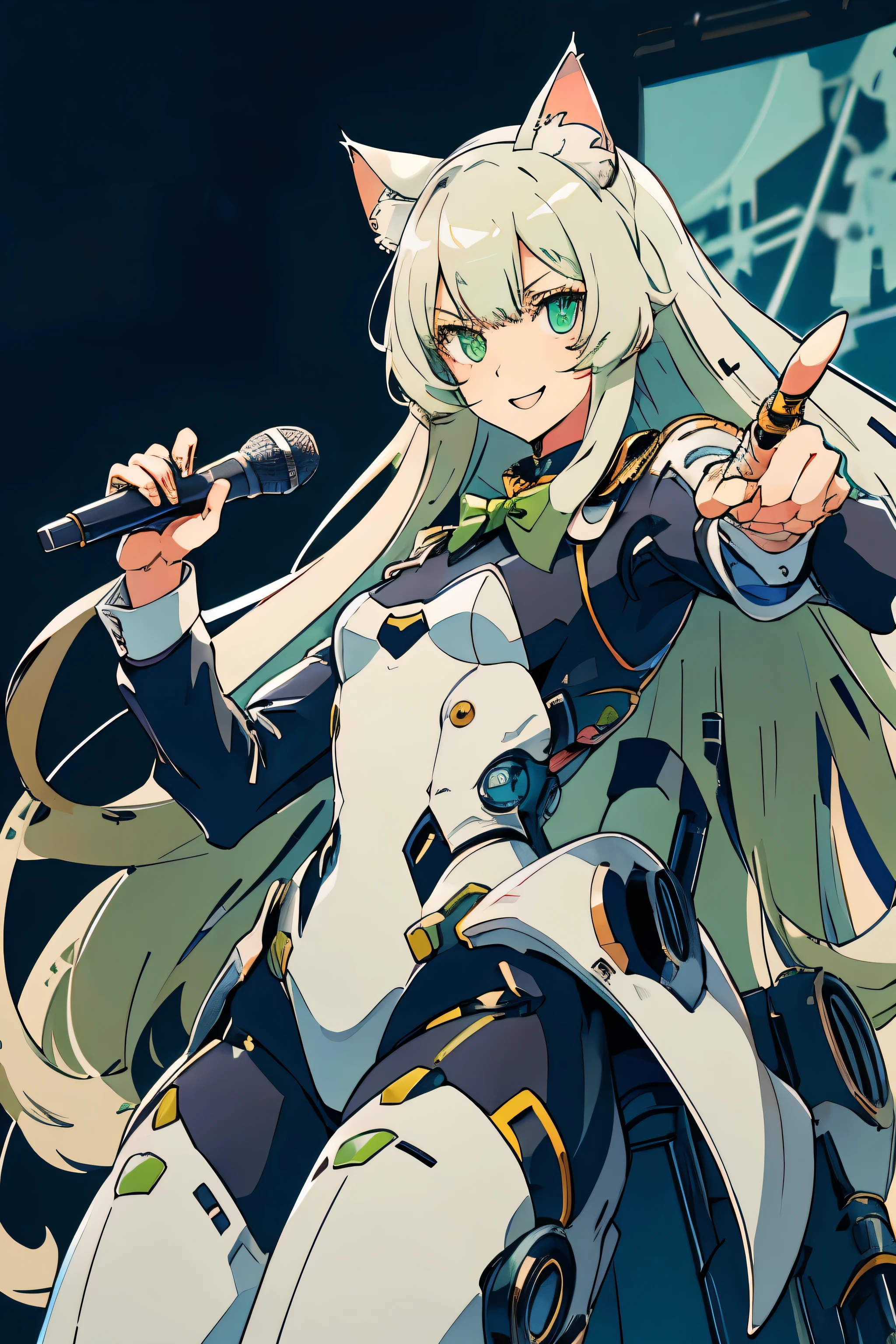 1 Cat-eared maid wearing a mecha suit, Slender fuselage,shining eyes, ((cool pointing pose)),((I have a karaoke microphone)),camouflage, green and white body,((cat ears long hair)),battlefield concept art ,ink art, flat color, high contrast, fashion absurdity, highest quality, negative space,Against the background of blue sky and white clouds,With a big smile,
