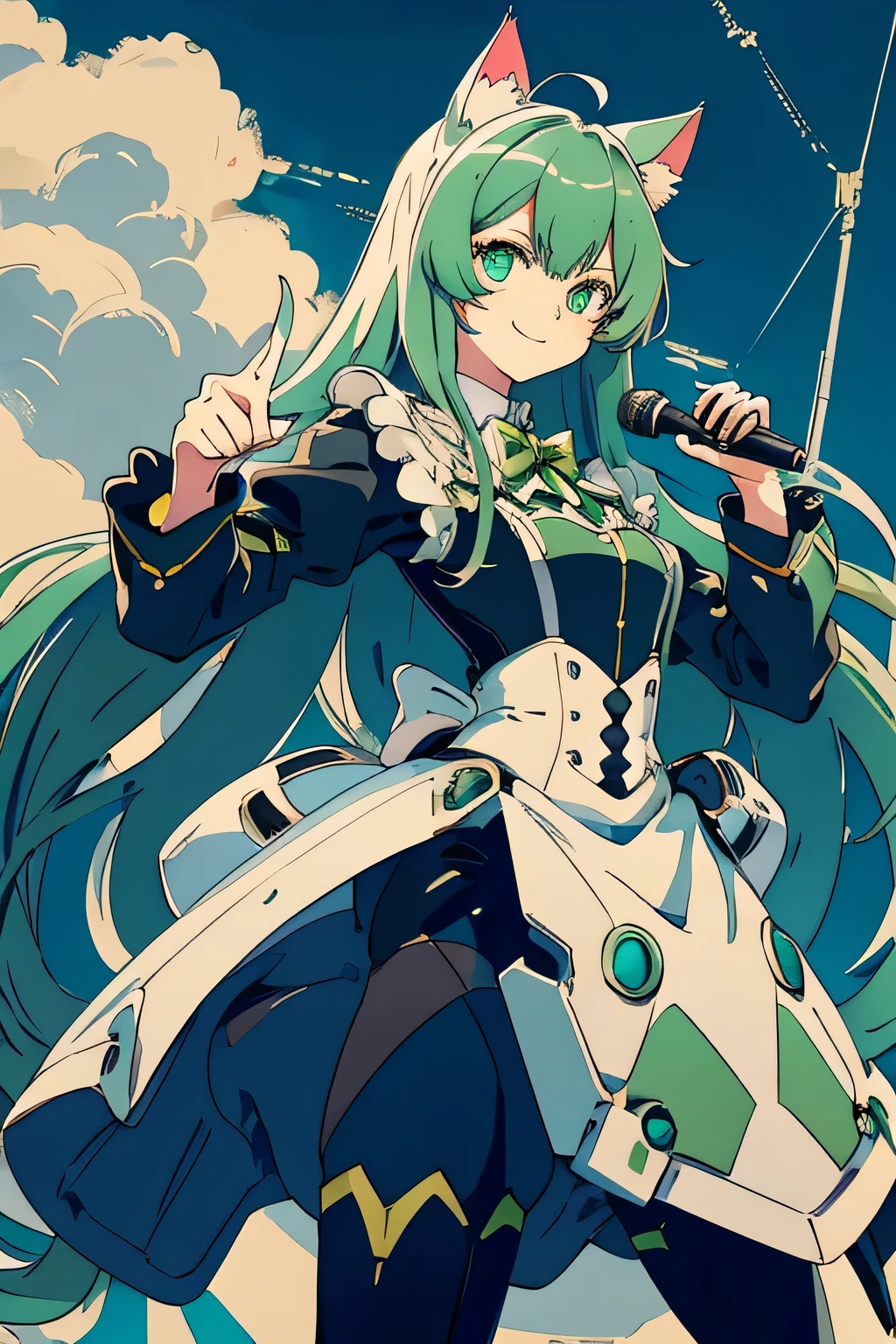 1 Cat-eared maid wearing a mecha suit, Slender fuselage,shining eyes, ((cool pointing pose)),((I have a karaoke microphone)),camouflage, green and white body,((cat ears long hair)),battlefield concept art ,ink art, flat color, high contrast, fashion absurdity, highest quality, negative space,Against the background of blue sky and white clouds,With a big smile,