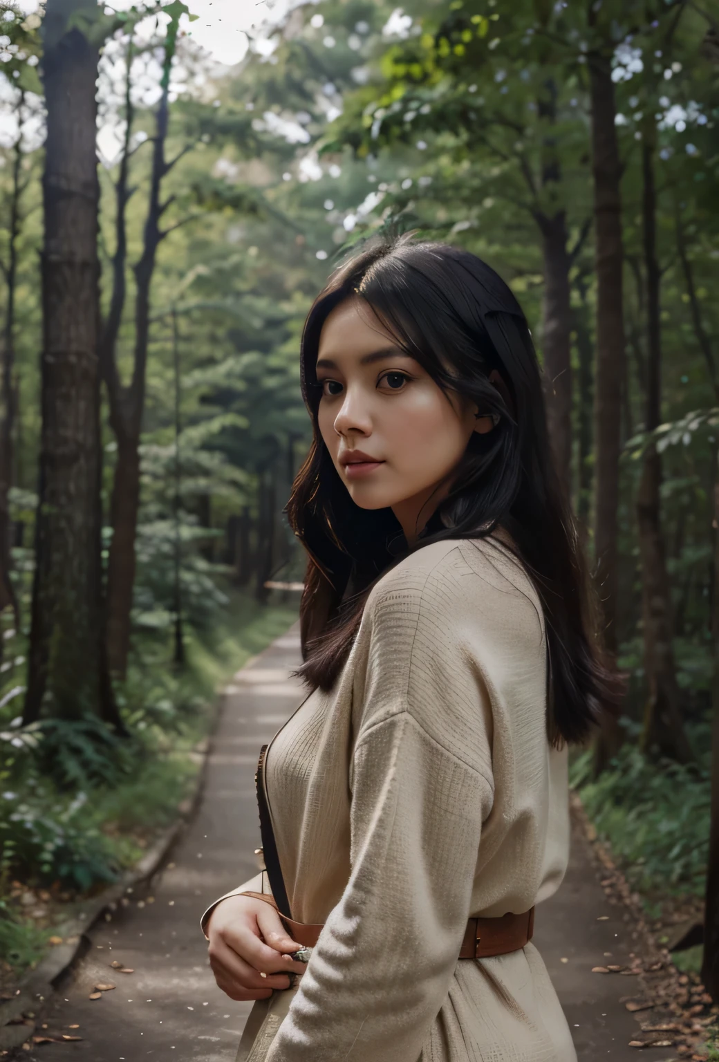 fashionable woman、forest background、look at me、black hair、８K、best image quality、clear、beautiful