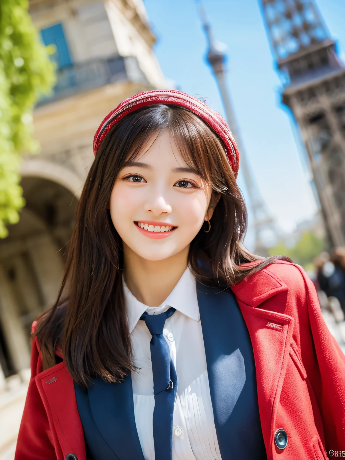 (highest quality、high resolution)1 girl,full body,Korean idol、beautiful face、cute、detailed eyes、(Drooping eyes)、carefree smile,Paris,in front of the Eiffel Tower,retro,vintage fashion,tourist spot,bright daylight,clear sky,moment of joy,vibrant,stylish,senth of depth,long shot、professional camera work、