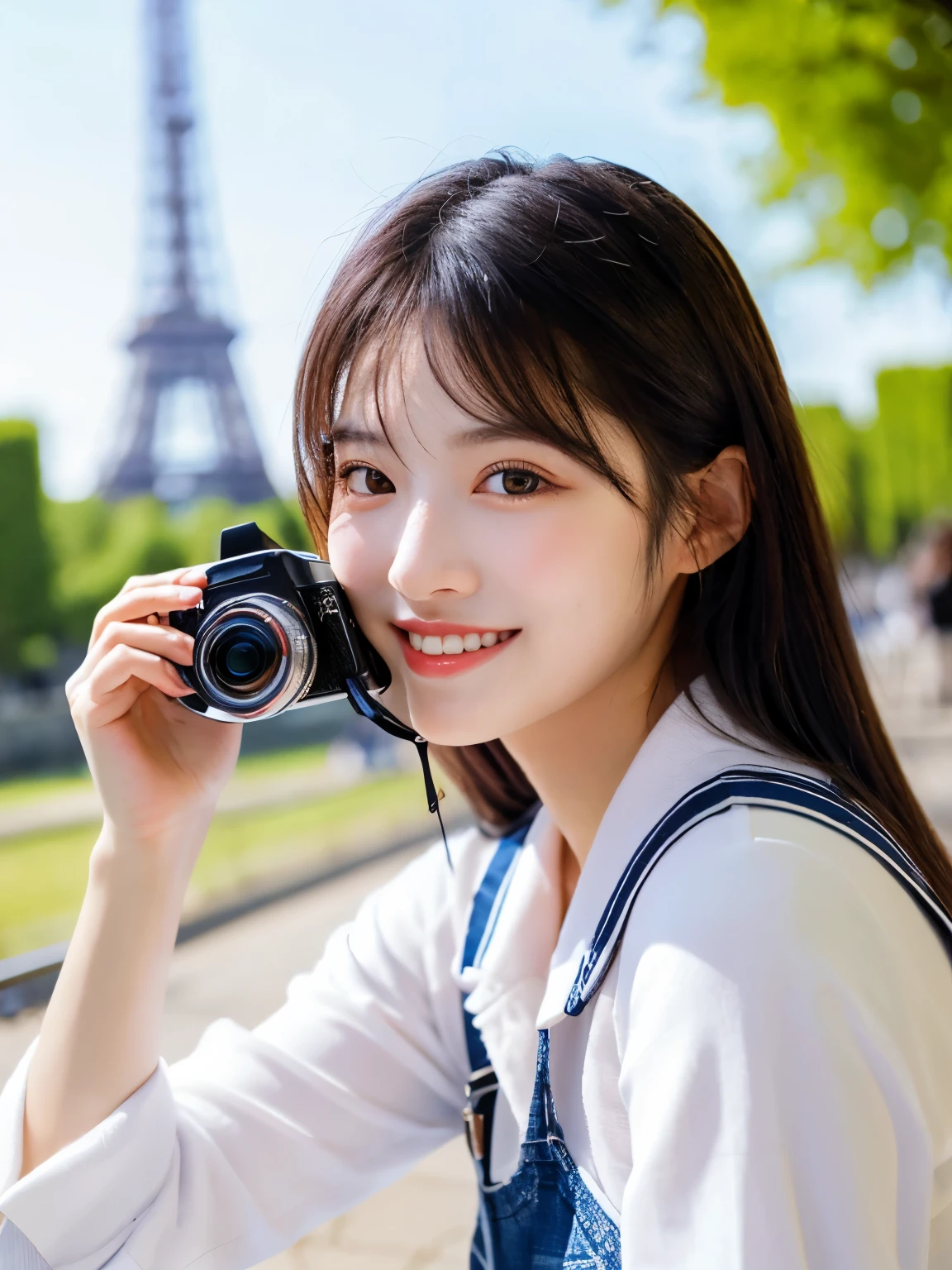 (highest quality、high resolution)1 girl,full body,Korean idol、beautiful face、cute、detailed eyes、(Drooping eyes)、carefree smile,Paris,in front of the Eiffel Tower,retro,vintage fashion,tourist spot,bright daylight,clear sky,moment of joy,vibrant,stylish,senth of depth,long shot、professional camera work、