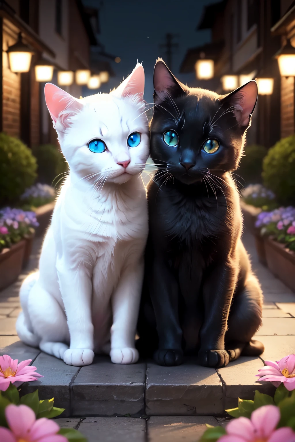 (8K, Best Quality, Master Piece: 1.2), Ultra High Resolution, Photo taken by a professional photographer, Two cats,detailed face,detailed eyes,詳細な瞳,one white cat with blue eyes on the street, one with green eyes Black cat looking down from above the flower bed,These two cats are kissing,night,mood lighting、短い腕、長い尻尾