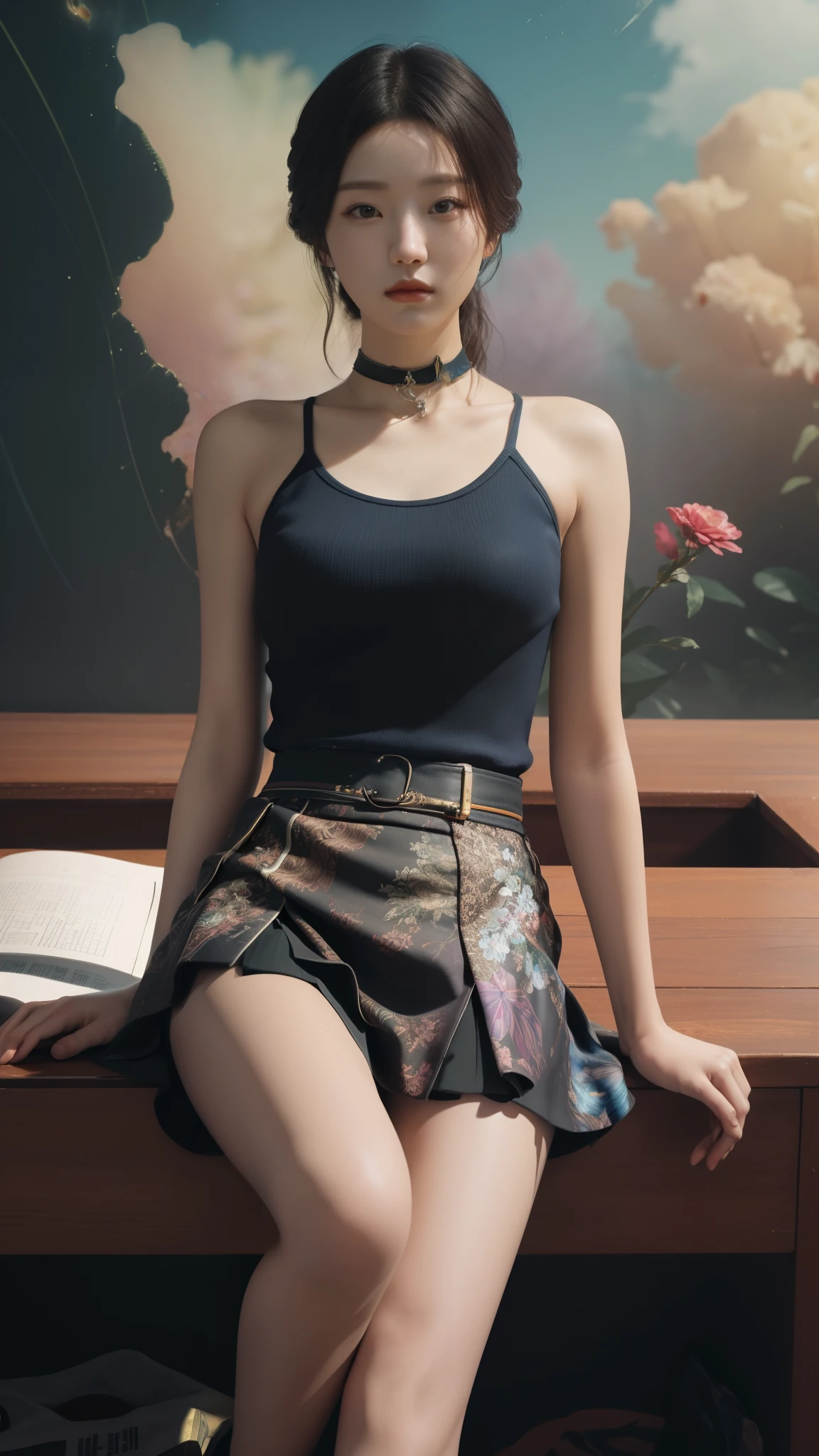 ((((masterpiece))), highest quality, An illustration, Beautiful details shine,paper_cut, Detail of a girl's face seen on camera,rainbow,cloud、squat