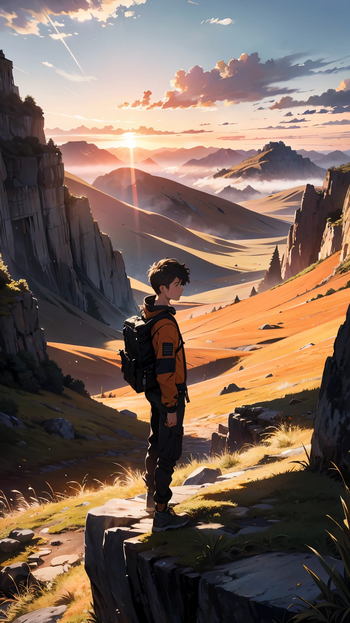 Ultra-realistic 8K CG rendering, masterpiece, best quality, a solitary figure, standing alone, silhouetted against a breathtaking landscape. The person's expressive face, etched with lines of concentration and wonder, is intricately detailed with subtle textures and shading. The mountaintop on which they stand is adorned with jagged rocks and verdant moss, providing a sense of rugged terrain beneath their feet. The expansive vista before them unfolds with dramatic flair – the sun casting long, golden rays upon undulating hills and valleys, the sky a canvas of fiery oranges, pinks, and purples. The air is