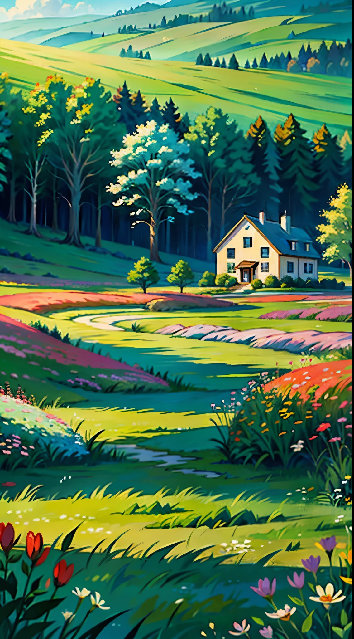A painting of a springtime landscape, open field, green grass, wild flowers, a new house, day light.