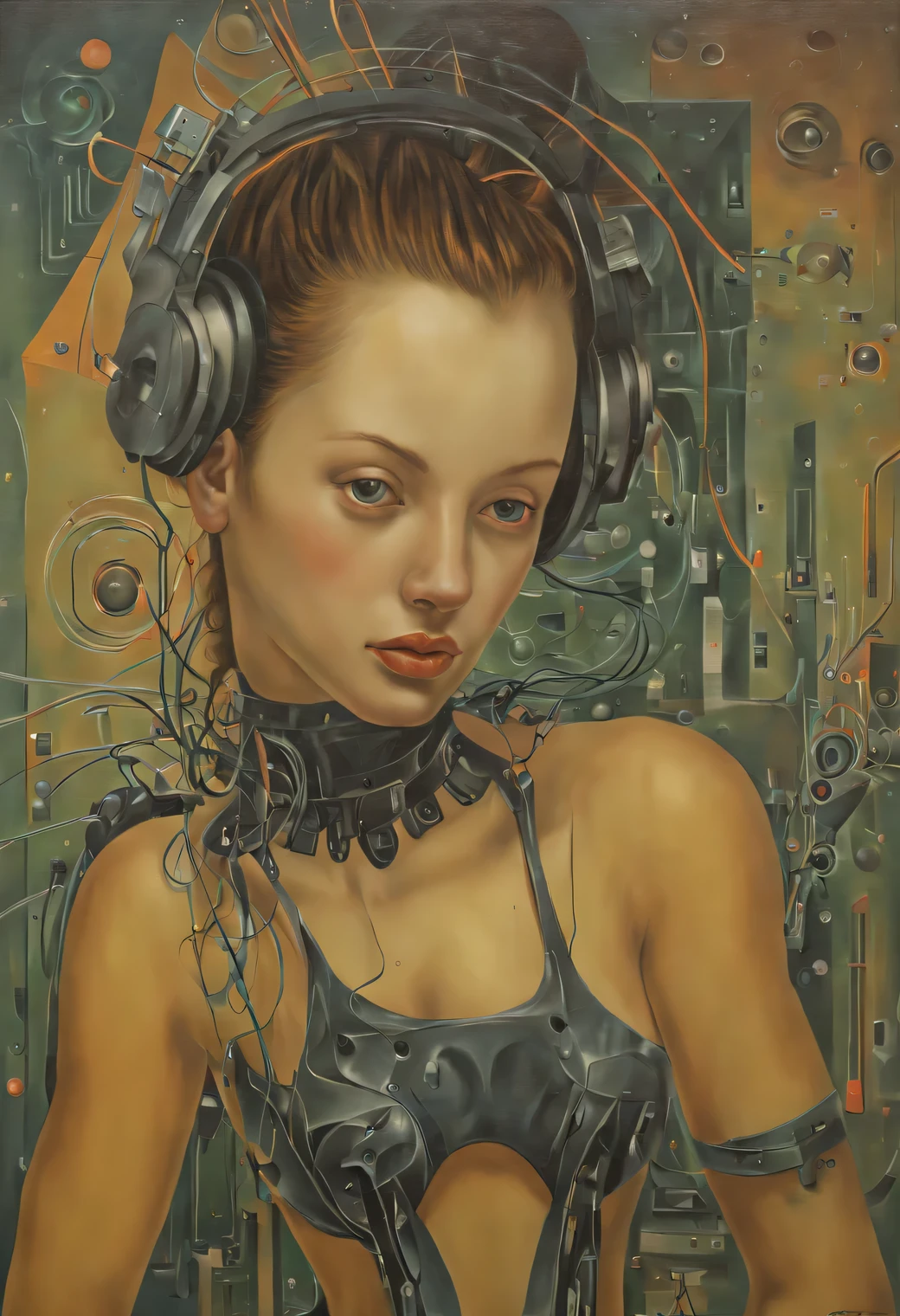 oil painting on canvas, modern Art, the painting abstractly shows the hidden love of a young cyborg girl, desire and passion, perfectionism, (cybereroticism:1.7105), (romanticism:1.5), combination of mechanisms and living flesh, biotechnology, bioelectronics, (techno-erotica:1.6055), romance and relationships, High detail, A high resolution, Varus means, (Rob Gonsalves:1.3055), pastel palette