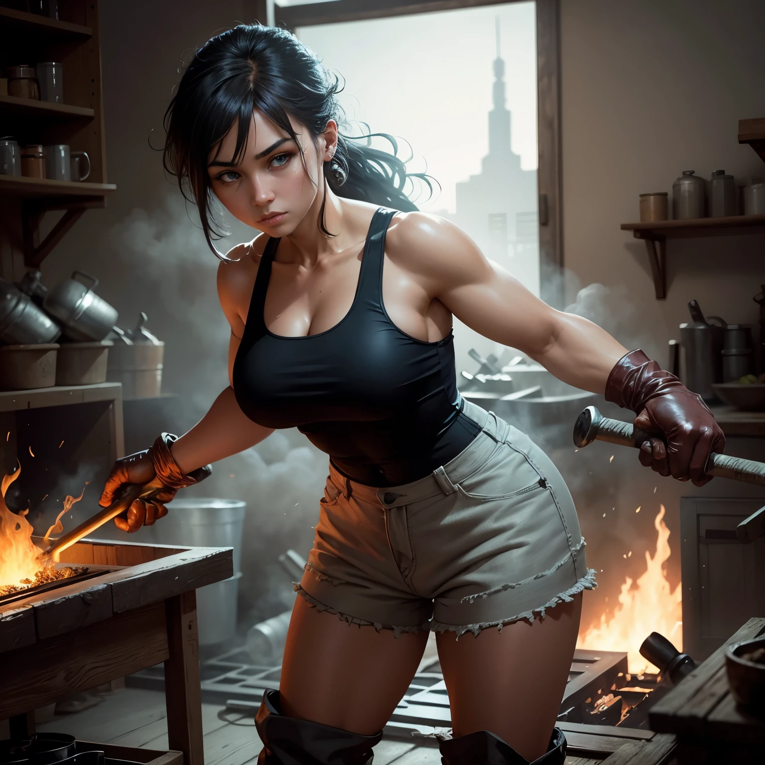 A blacksmith woman with 4 arms, holding a hammer in each hand, is vigorously hitting an anvil in a dimly lit workshop. The room is filled with the heat radiating from an extremely hot oven in the background, casting a glowing illumination on the surroundings. The woman's hair is dyed in a striking shade of blue, contrasting with the fiery environment. Her face bears the marks of a punishing and arduous profession, showing determination and resilience. She wears protective gloves to shield her hands from the intense heat and long boots to protect her feet. Despite the demanding nature of her work, she maintains a sense of style, wearing short shorts and a vibrant yellow tank top that reflects her vibrant personality. The overall scene exudes a mixture of strength, craftsmanship, and dedication. The colors of the image are intense and saturated, emphasizing the contrasting elements of heat and coolness. The lighting is focused on the blacksmith woman, highlighting her as the central figure in this powerful composition.