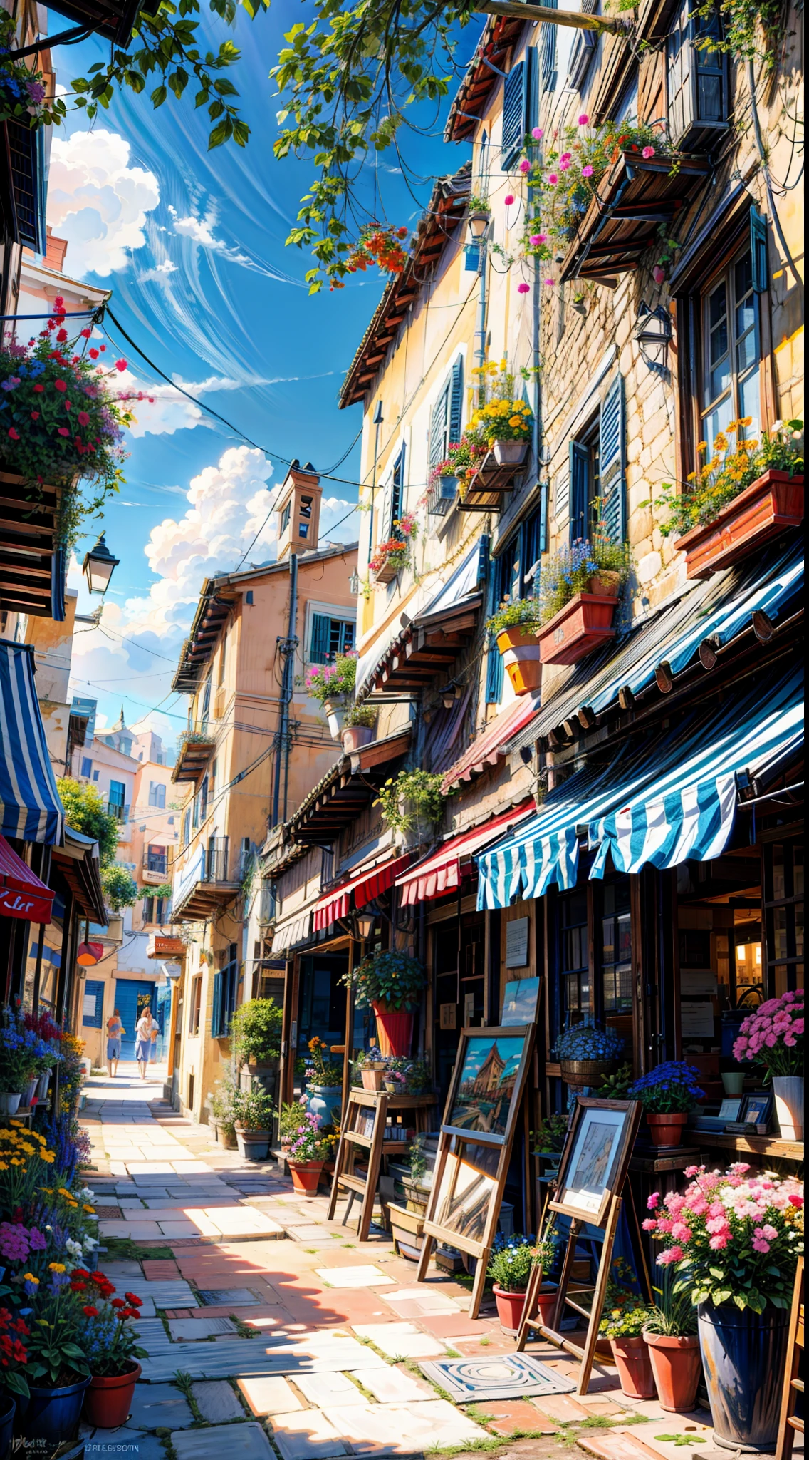 painting of a street with a flower shop , flowers, beautiful art uhd 4 k, a beautiful artwork illustration, beautiful digital painting, highly detailed digital painting, beautiful digital artwork, a bustling magical town, mediterranean fisher village, mediterranean city, detailed painting 4 k, ancient mediterranean village, very detailed digital painting, rich picturesque colors, gorgeous digital painting