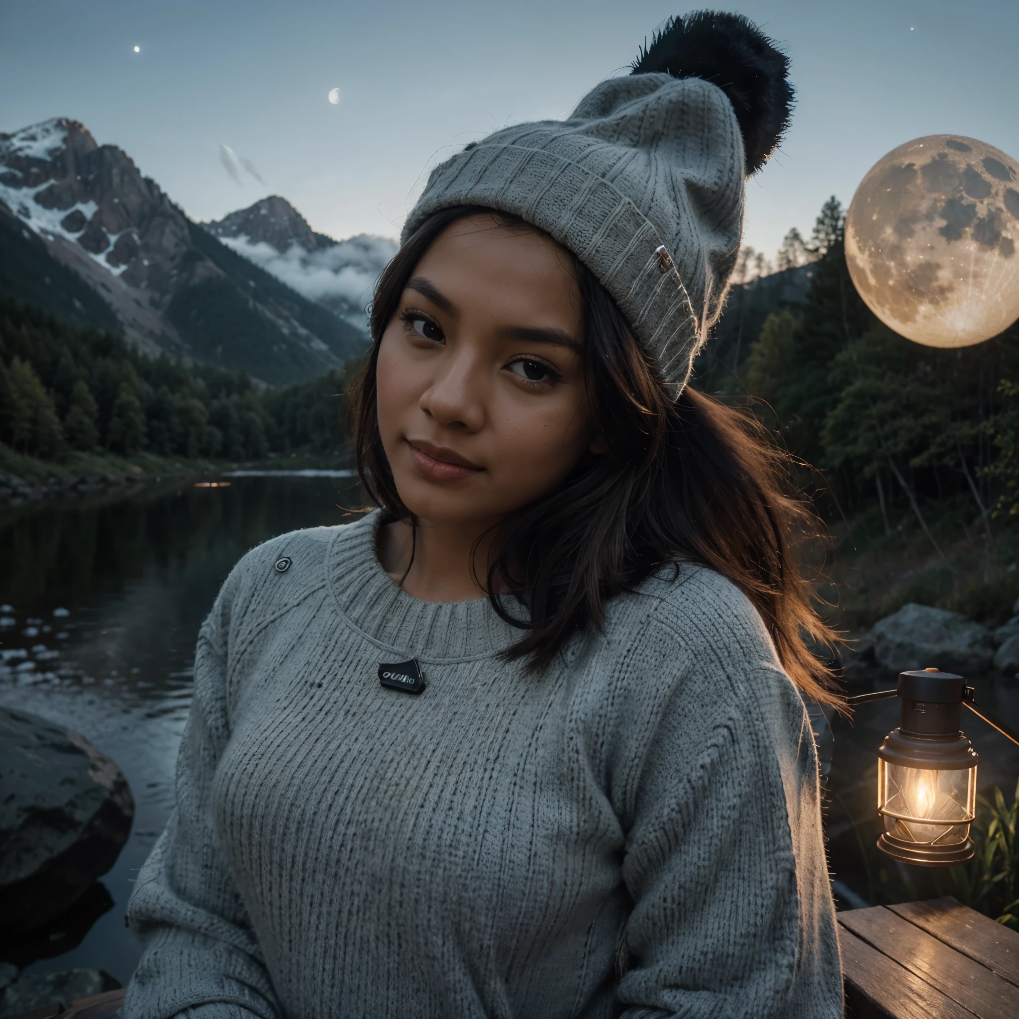 photorealistic, best quality, hyper detailed, beautiful malay malaysian woman, selfie photo, upper body, solo, wearing pullover, 3 different style and cloths ,outdoors, (night), mountains, real life nature, stars, moon, (cheerful, happy), sleeping bag, gloves, sweater, beanie, flashlight, forest, rocks, river, wood, smoke, fog, clear sky, analog style, looking at viewer, skin texture, film grain, close up, ultra high res, best shadow, RAW, instagram LUT