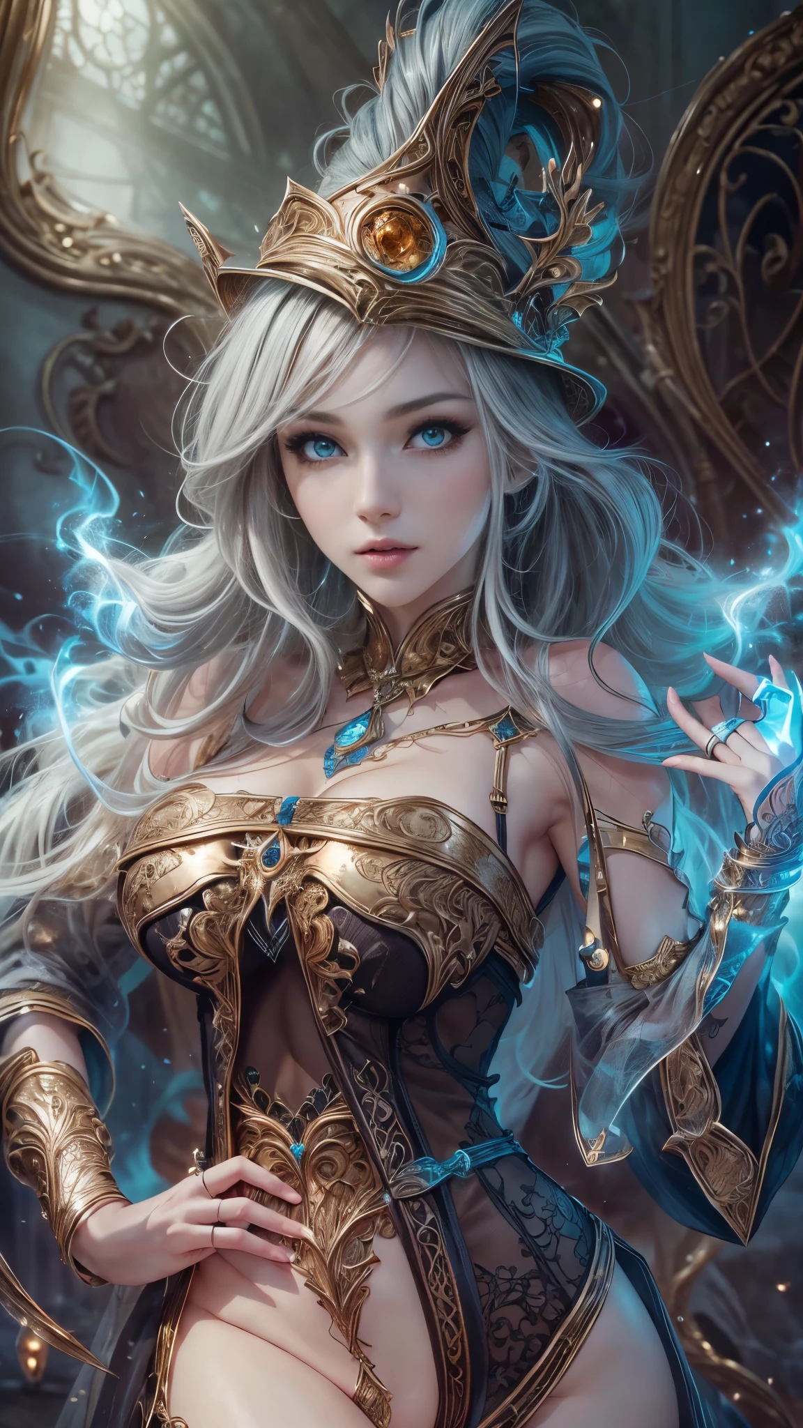 (RAW shooting:1.5, Photoreal:1.5, 8k, highest quality, masterpiece, ultra high resolution), magical world, perfect dynamic composition, Mysterious, Highly detailed skin and facial textures:1.3, Cute and sexy slim female wizard, beautiful and aesthetic, cute and sexy beauty, perfect style, wear elaborate rings, pose to cast a spell:1.3, fire, water, Wind, thunder, Fair skin, very beautiful face, (Medium chest, Chest gap), (embarrassing smile, The expression on your face when you feel intense caress, Facial expression when feeling pleasure), (Wear the wizard costume with the torn shoulder correctly), (beautiful blue eyes, Eyes that feel beautiful eros:0.8), (Too erotic:0.9, Bewitching:0.9), full body shot