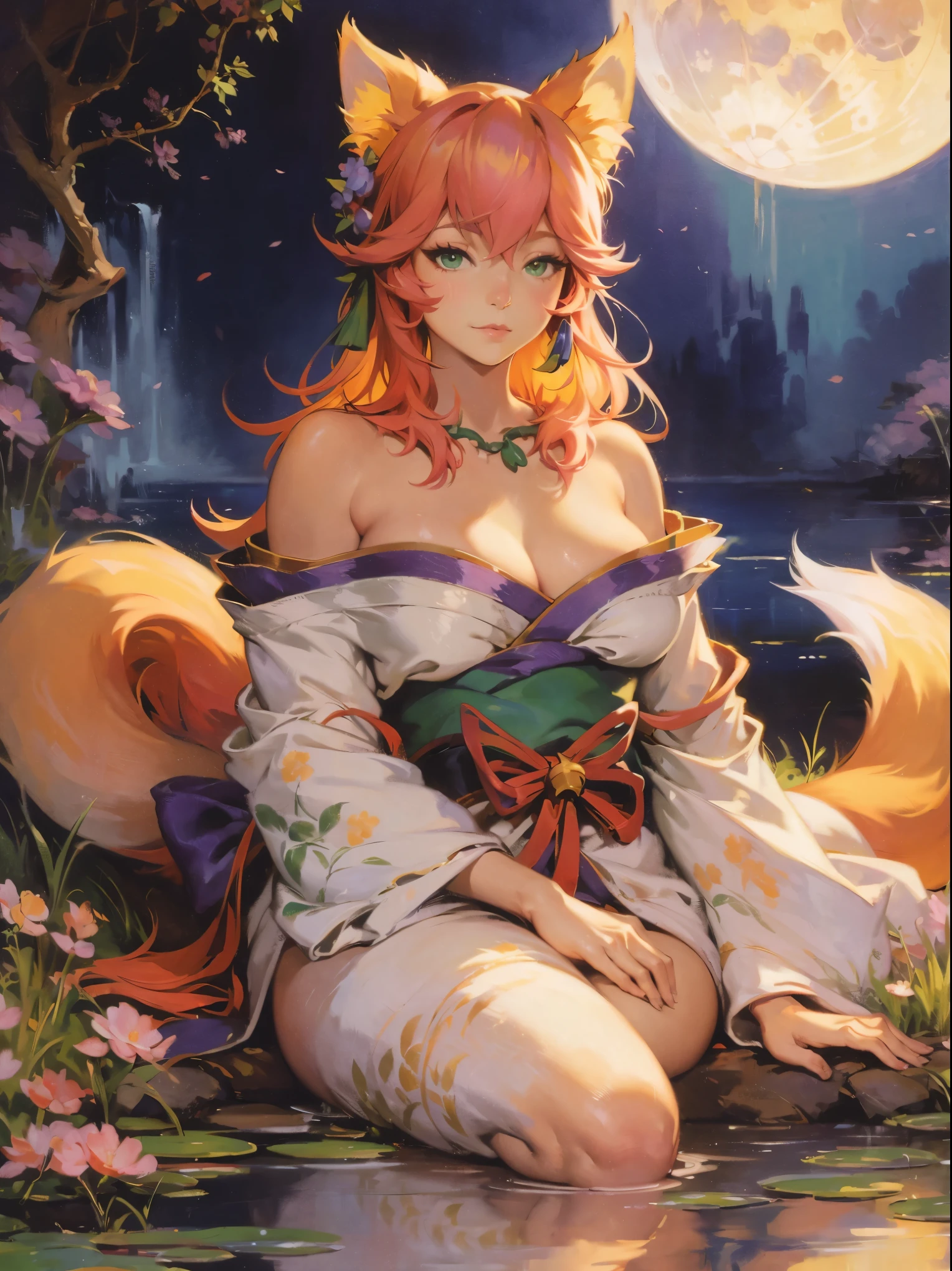 art by (Carl Larsson:1.2),(post-Impressionist),monet color,((oil painting)),soft lighting,COOL,spirit blossom,1girl,long hair, bell, bare shoulders, cleavage, fox ears, hair beel,hair ornament, japanese clothes, kimono,tail,fox tail, facial hair, (whisker marking:1.1),moon,moonlight hitting the body beautifully, volumetric moonlight, fog around the stage and person, sky full of stars,