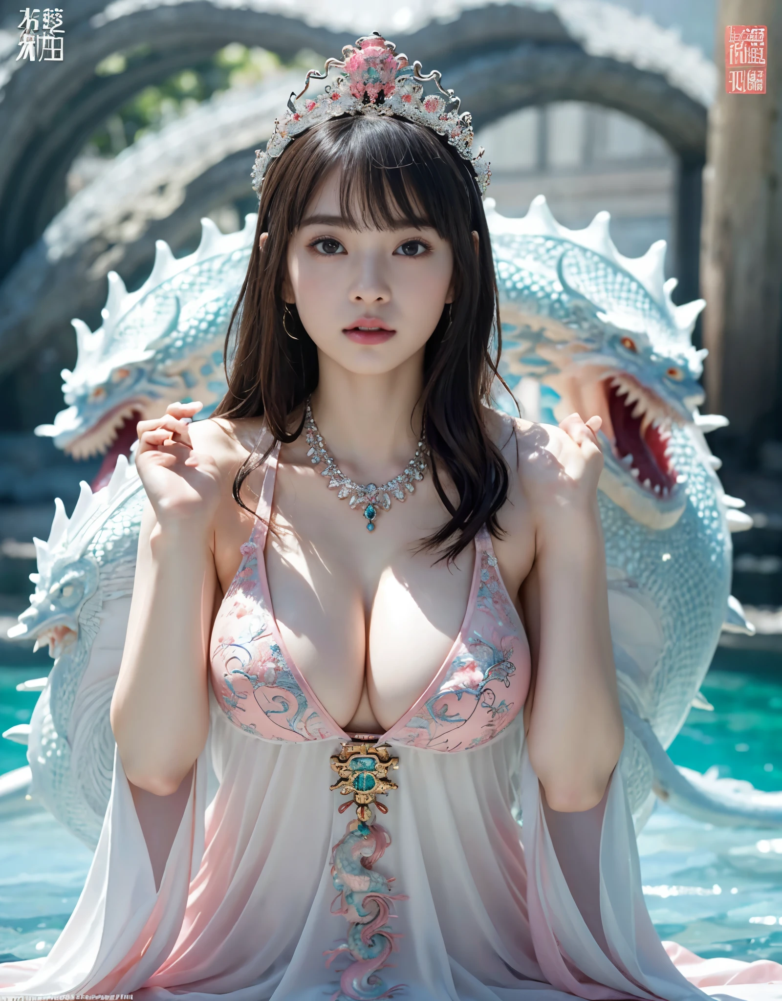 (very heavy chest)、highest quality、masterpiece、ultra high resolution、(ice dragon armor)、(((Metal製))),(((big breasts)))、(((Detailed revealing pink micro bikini))),(she wears a beautiful crown made of precious stones.),(Photoreal:1.4)、RAW photo、1 girl、(((random hair))、(((color々take a pose)))、glowing skin、(((ice ice chinese dragon)))、intricate and gorgeous hair ornaments、(Looks like a gorgeous jewelry necklace)、(someone who looks at you calmly, Eyes like a goddess.)happiness:1.2).((beautiful sea background))、cliff、(ruins background)、((Super realistic details))、portrait、global illumination、(sexy pose)、Shadow、octane rendering、16K、big breasts、Raw skin exposed in the cleavage、Metal、intricate decorative details、Japan details、very intricate details、realistic light、CG Society Trenlow Eyes、Eyes shining towards the camera、(veil)、(((heavy big))),Shining eyes shine、armpit、24K,