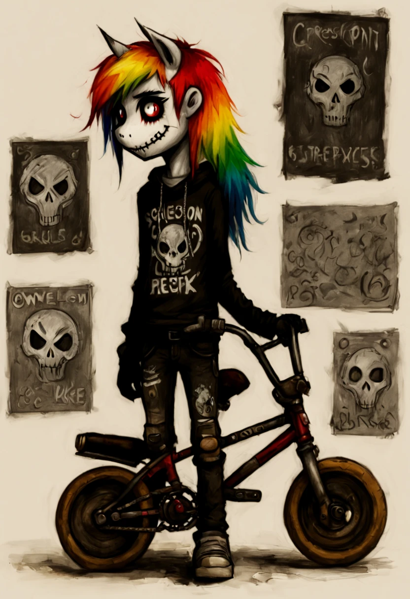 creepypasta1comic art in doodles, on japon: character emo1pony rainbow-hair pony1boy print word "owells". with: ("on bike-chain necklace". metal mask. black long sleeve t-shirts. full body. blood eyes), The drawing seems rough and sketched, with crazy lines and visible strokes. and the design appears to be inspired by styles often found in emos drawings or emo scene art. style my litle pony