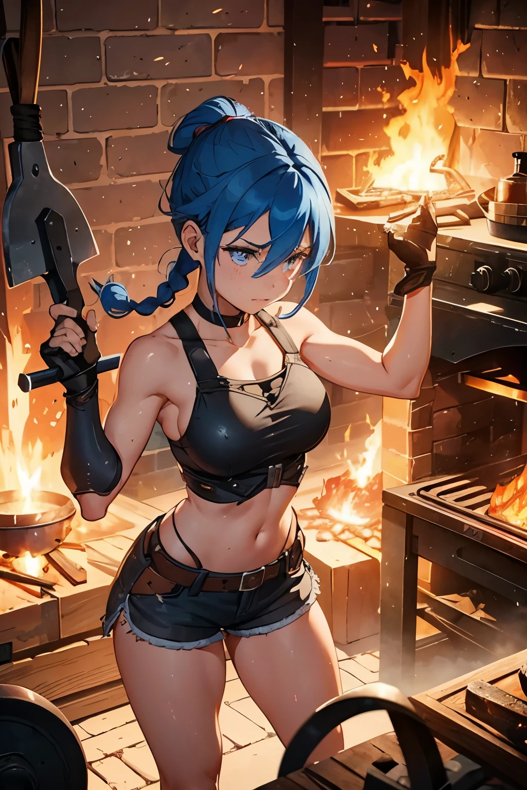 In the heart of the blacksmith's workshop, a remarkable woman with four arms stood before the blazing hot oven and an anvil. Her blue hair was tied back in messy braids, escaping strands framing her fiery, punished face. Each of her arms wielded a hammer with a resounding clang as she skillfully struck the red-hot metal, sending sparks flying into the air.

The forge was bathed in intense heat and bright, flickering light, casting elongated shadows on the sweat-streaked woman's strong, defined muscles. She wore sturdy gloves to protect her hands and long boots with short shorts revealing powerful thighs.