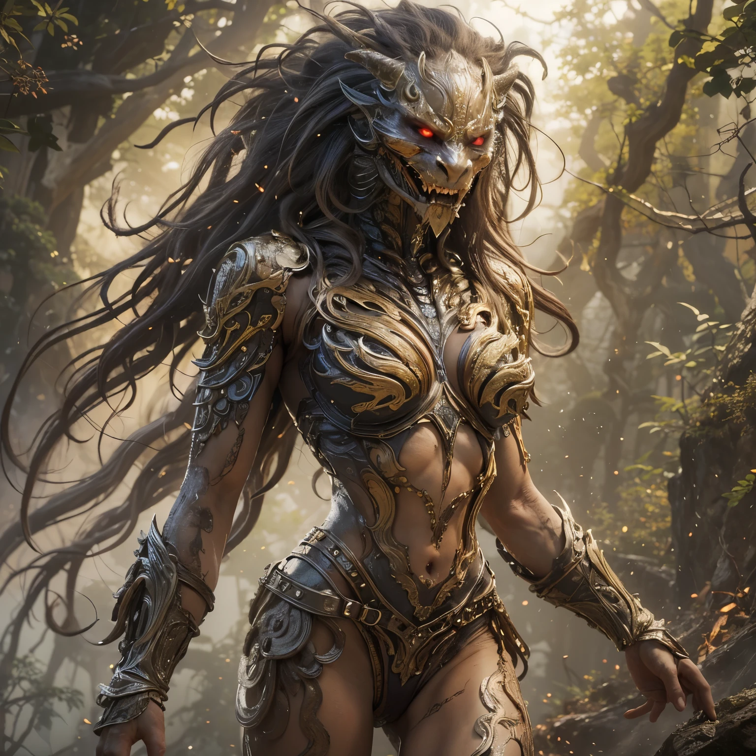 1 female alien, The predator, warrior, (extremely beautiful:1.2), (intense gaze:1.6), (predator:1.6), long dark claws, NSFW,  nipples, thick eyebrows, glowing and shining orange eyes, the most beautiful face in the universe, ((There is a female genital-like organ in the middle of her forehead:1.1)),

A woman with an extremely beautiful face, her intense gaze fixed on her prey, a primal force that could not be denied.

(extreamly beautiful lean body:1.5), (ultra muscular build:1.2), (prowling:1.3), (sleek movements:1.4),

Her beautiful body, muscular and toned, moved with sleek grace as she prowled, ready to strike at a moment's notice. The predator within her was always on