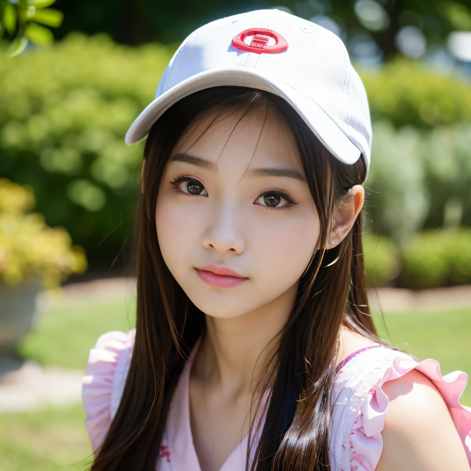 Best-quality, Masterpiece, Ultra-High-Resolution, (Photorealistic:1.4), Raw-Photo, 1girl, the most famous Japanese idol, 15-years-old, wearing cap and spring-dress, extremely beautiful skins, extremely beautiful big-eyes, extremely beautiful hair, extremely cute face like the most popular Japanese idol, extremely beautiful long-eyelashes, extremely beautiful lips