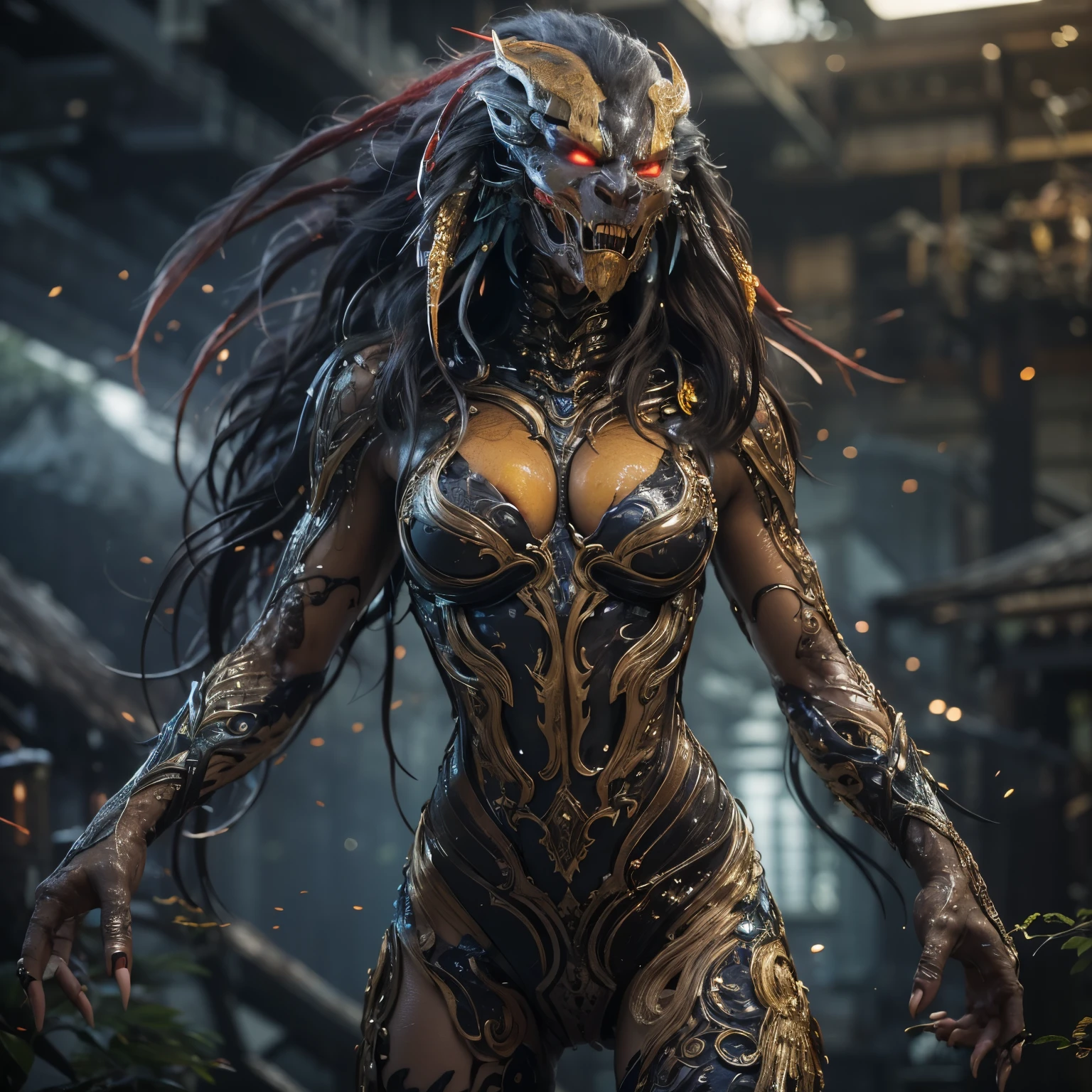 1 female alien, The predator, warrior, (extremely beautiful:1.2), (intense gaze:1.6), (predator:1.6), long dark claws, NSFW, nipples, thick eyebrows, glowing and shining orange eyes, the most beautiful face in the universe, ((There is a female genital-like organ in the middle of her forehead:1.1)),
A woman with an extremely beautiful face, her intense gaze fixed on her prey, a primal force that could not be denied.
(extreamly beautiful lean body:1.5), (ultra muscular build:1.2), (prowling:1.3), (sleek movements:1.4),
Her beautiful body, muscular and toned, moved with sleek grace as she prowled, ready to strike at a moment's notice. The predator within her was always on
