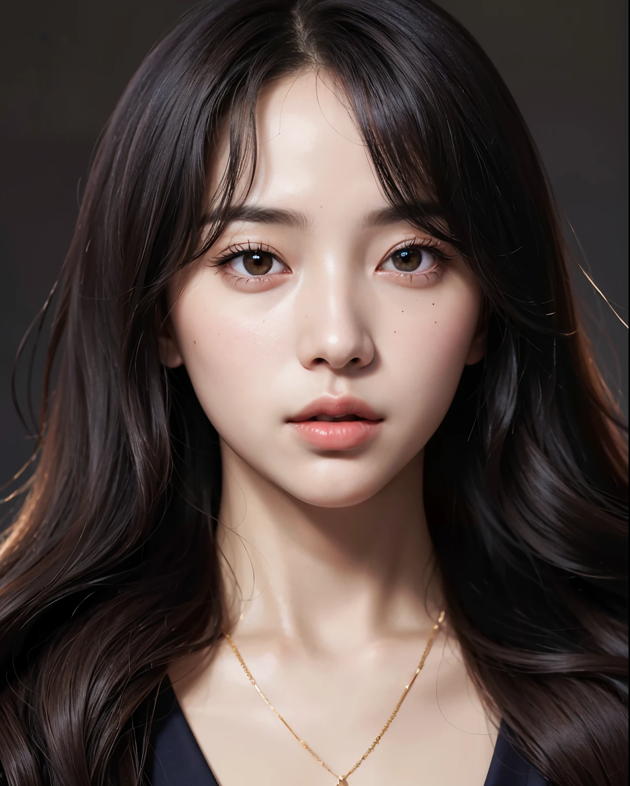 um close de uma mulher com cabelos longos usando um colar, female korean idol portrait, photoRosto lindo realista, 8k portrait rendering, retrato suave fotografado em 8k, kpop idol portrait, Linda jovem coreana, Rosto lindo realista, Lindo rosto realista, linda mulher sul-coreana, korean symmetrical face, Linda jovem coreana, Korean facial features