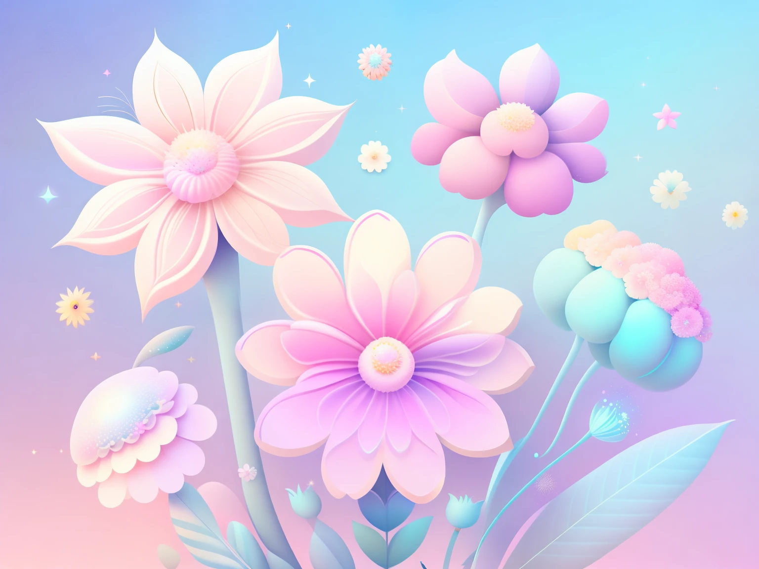 Variety of flowers, cartoon illustration, Gradient sky in pastel colors with twinkling stars. Immerse yourself in a mysterious world full of magical elements (weighted with 0.9)."
