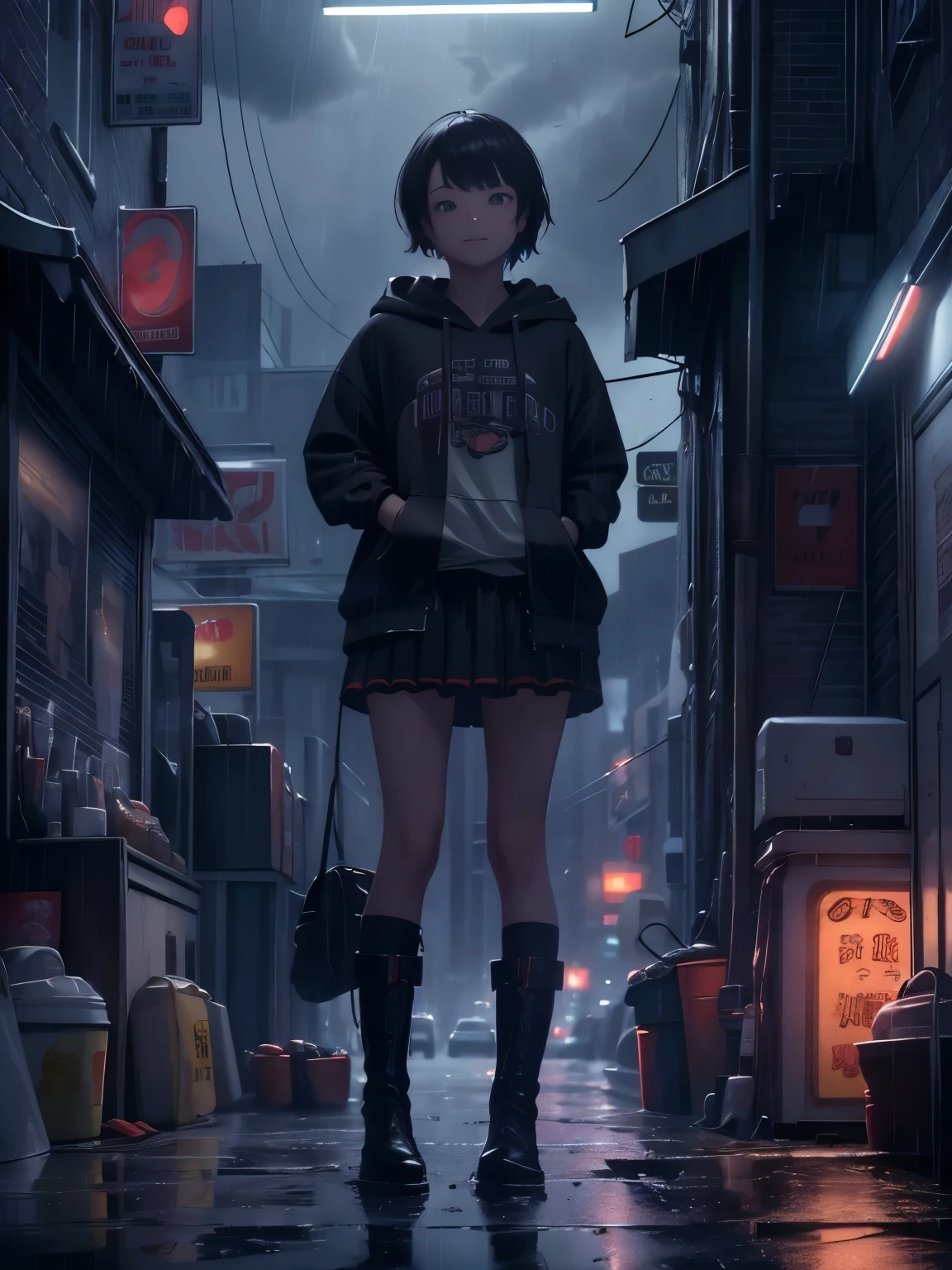 (master piece,best quality:1.3),very detailed,Complex,8k,alone,smile,wallpaper,movie lighting,dark photo,hoodie, short pleated skirt,student boots, corner store,bright street lights, Seduce,dark clouds,It rained heavily, neon light