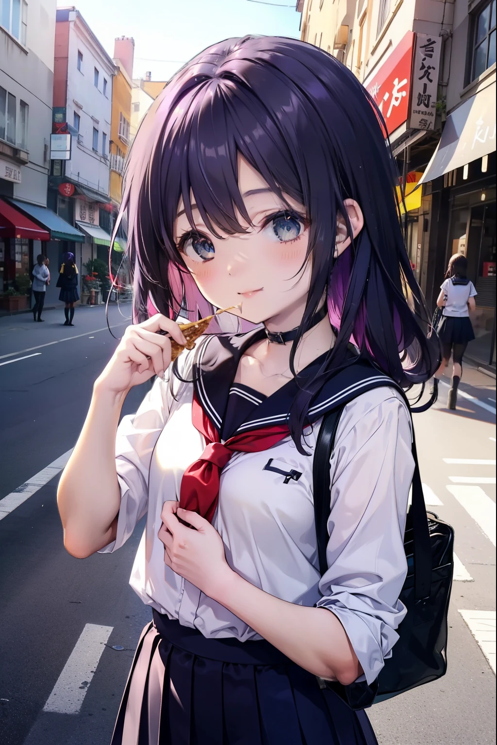 yuukikonno, Yuki Konno, hair band, long hair, pointed ears, purple hair, smile,blush, (small breasts:1.2), close both eyes,open your mouth,japanese high school girl uniform(black sailor suit),black pleated skirt,white pantyhose,brown loafers,Student bag slung over his shoulder,A woman eating crepes while walking around，girl eating crepe food,On the way home from school,　　　　　　　　　　　　　　　　　　breaking looking at viewer, Upper body, whole body,
break outdoors, In town,Destroy the building area (masterpiece:1.2), highest quality, High resolution, unity 8k wallpaper, (figure:0.8), (detailed and beautiful eyes:1.6), highly detailed face, perfect lighting, Very detailed CG, (perfect hands, perfect anatomy),