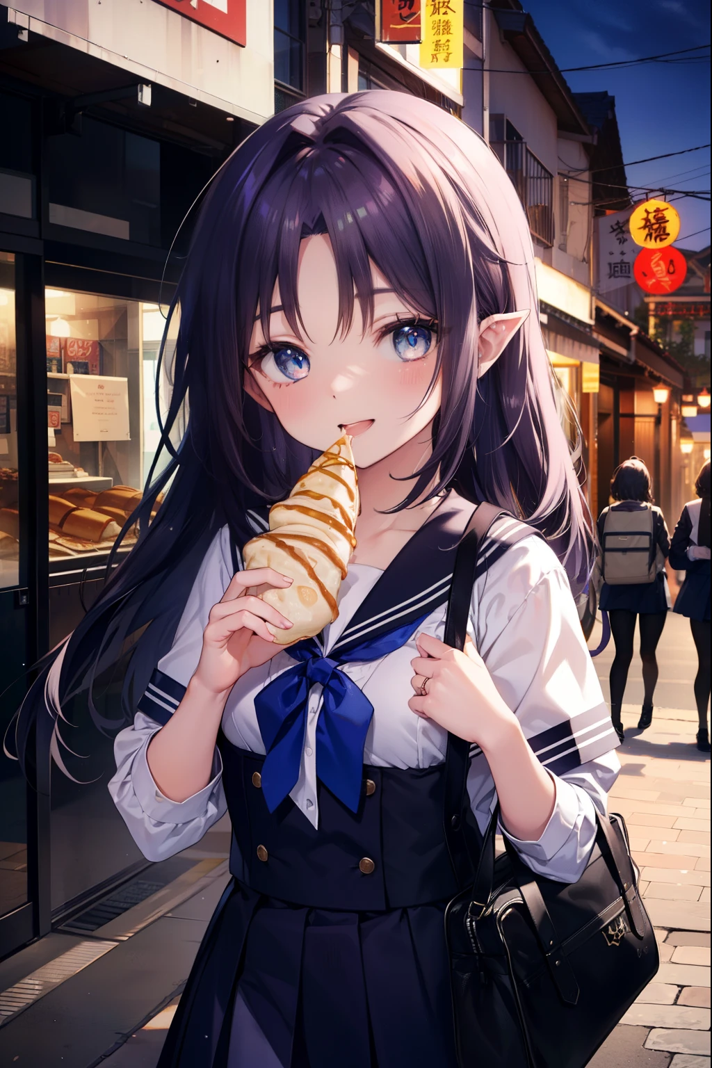 yuukikonno, Yuki Konno, hair band, long hair, pointed ears, purple hair, smile,blush, (small breasts:1.2), close both eyes,open your mouth,japanese high school girl uniform(black sailor suit),black pleated skirt,white pantyhose,brown loafers,Student bag slung over his shoulder,A woman eating crepes while walking around,girl eating crepe food,On the way home from school, breaking looking at viewer, Upper body, whole body,
break outdoors, In town,Destroy the building area (masterpiece:1.2), highest quality, High resolution, unity 8k wallpaper, (figure:0.8), (detailed and beautiful eyes:1.6), highly detailed face, perfect lighting, Very detailed CG, (perfect hands, perfect anatomy),