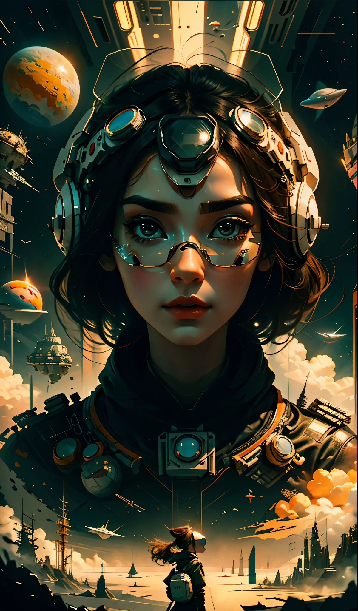 masterpiece, best quality, 1girl, space thriller movie poster, Bauhaus, shapes, lines, abstract, wearing Vision Pro goggles
