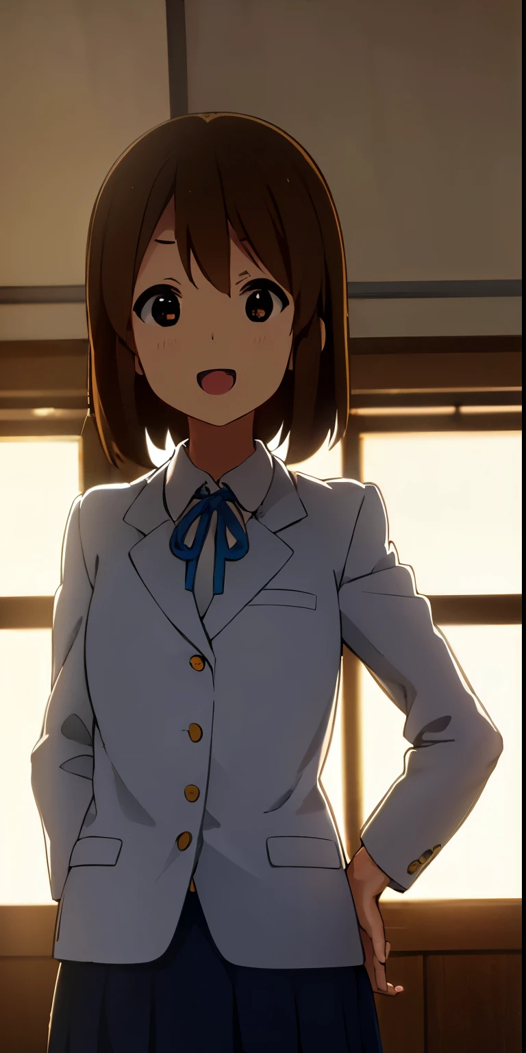 1girl, (((​masterpiece))), top-quality, top-quality, High Details, hirasawa yui, 1girl, underwear uniform, pants, bikini clothes, two-yellow hairpin, short hair, A brown-haired, brown-eyed, 独奏, reddish, thin blue ribbon, Solid white buttoned shirt under blazer, illustratio, comic strip, soothing tones, Subdued Color, Soft cinematic light, adobe lightroom, photolab, HDR, intricately and hyper-detailed、(((depth of fields))))。(((​masterpiece)))。(((top-quality))).)((ultra-detailliert)))。(((illustratio)))。(((takeout))).dynamic focus. big breasts.(((canteen))).(((A school))).(((Face of happy))). open mouth.(((put hands on the hip))).(((up chest))).((morning glow)).((the setting sun)).