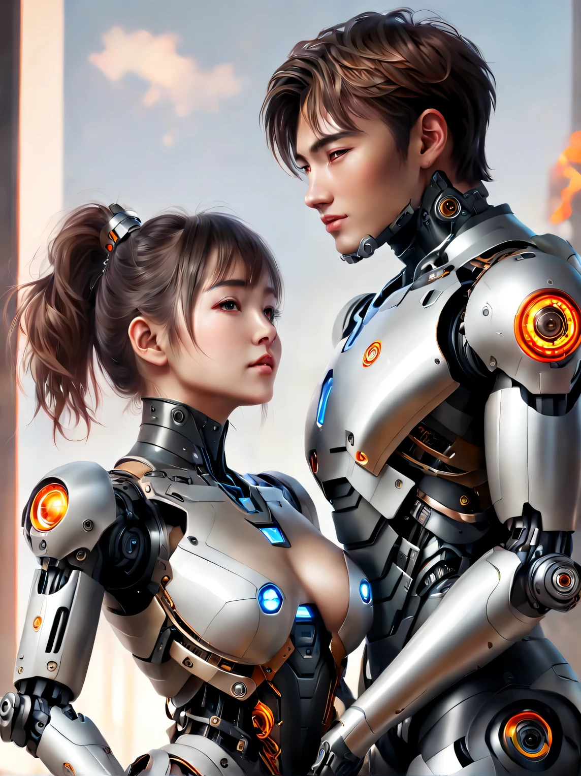 Sakimichan paintings, Yue Wang, modern Art, the painting depicts the love between a young cyborg girl and a young cyborg guy, perfectionism, cybereroticism, romanticism, techno-erotica, age limit +, romance and relationships, Full compliance with Sakimichan style, trending on ArtStation, High detail, A high resolution
